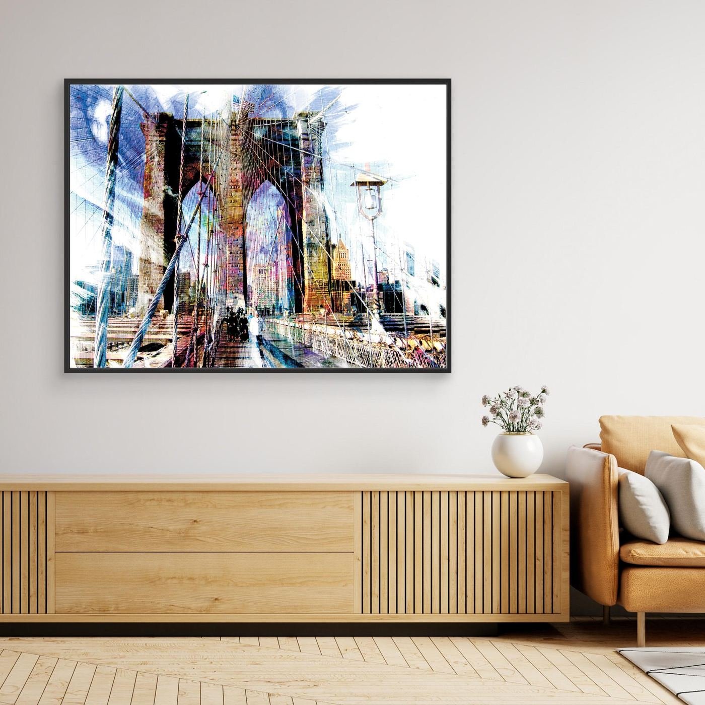 Expressionist fine art print of a dramatic walking perspective of the Brooklyn Bridge with high-contrast architectural line textures and bright highlights, framed and ready to hang. Over console