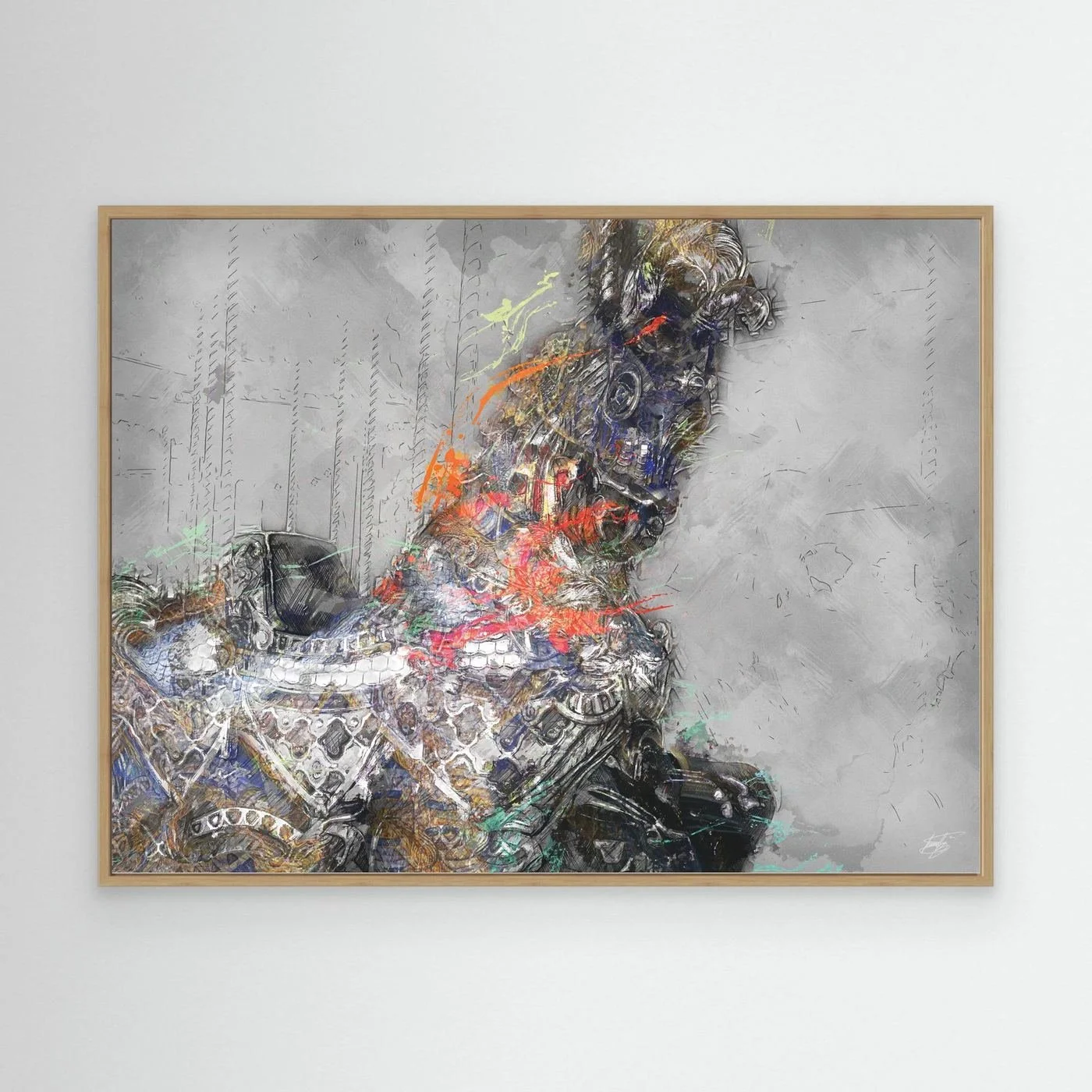 Contemporary fine art print of an intricate robotic cyberpunk horse with mechanical gears and vibrant paint splatters against a textured grey background, framed and ready to hang. With wooden frame