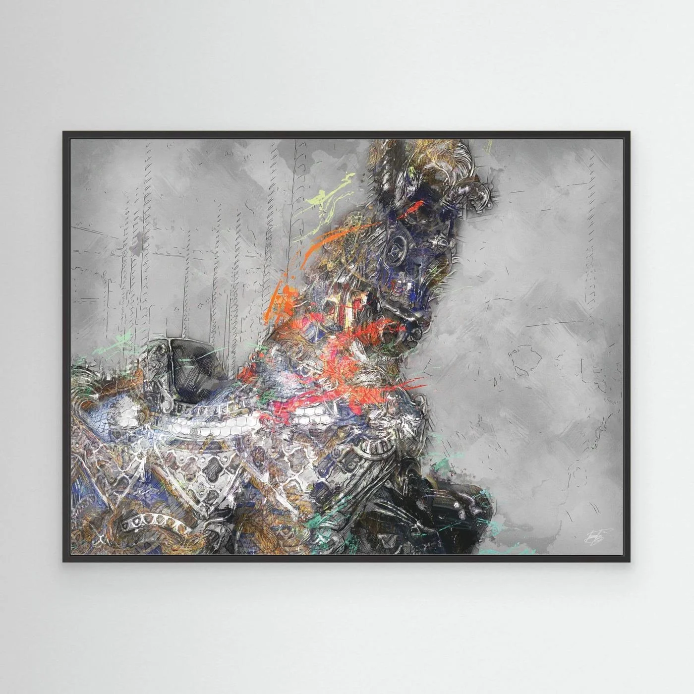 Contemporary fine art print of an intricate robotic cyberpunk horse with mechanical gears and vibrant paint splatters against a textured grey background, framed and ready to hang. With black frame