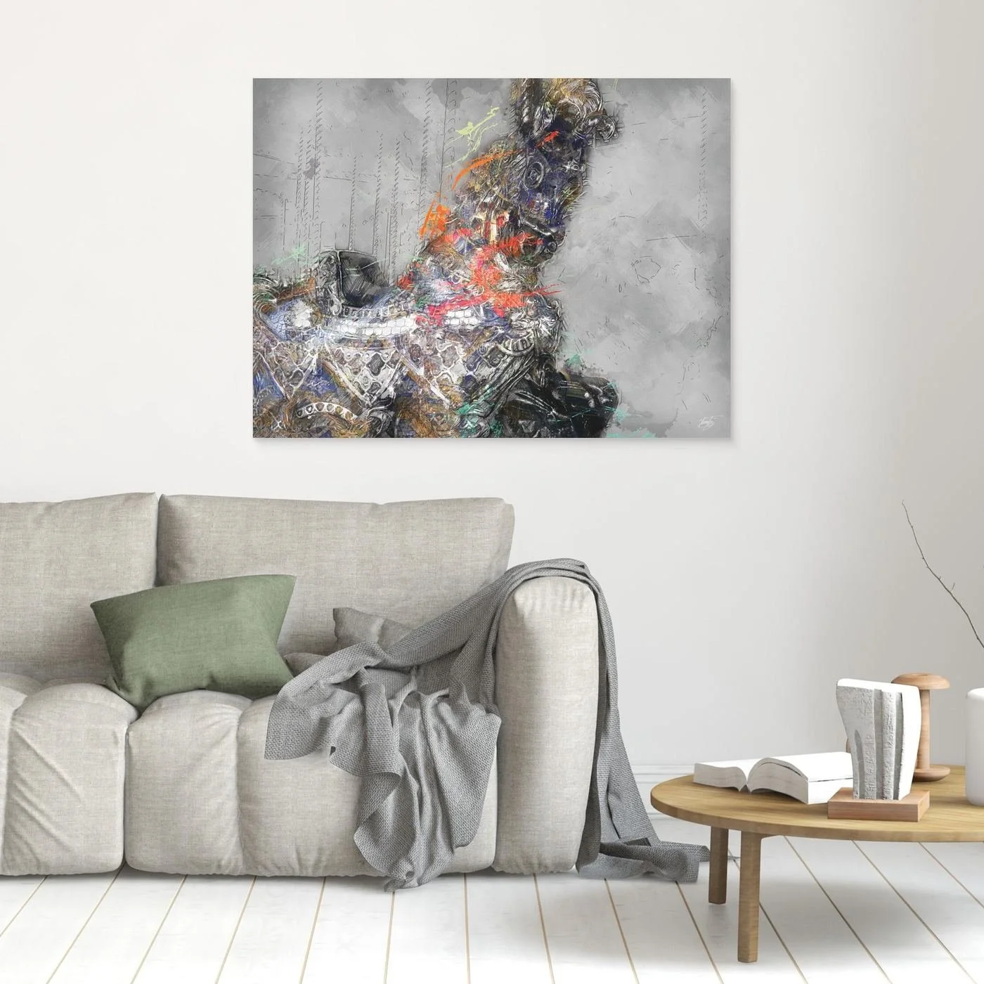 Contemporary fine art print of an intricate robotic cyberpunk horse with mechanical gears and vibrant paint splatters against a textured grey background, framed and ready to hang. In living room