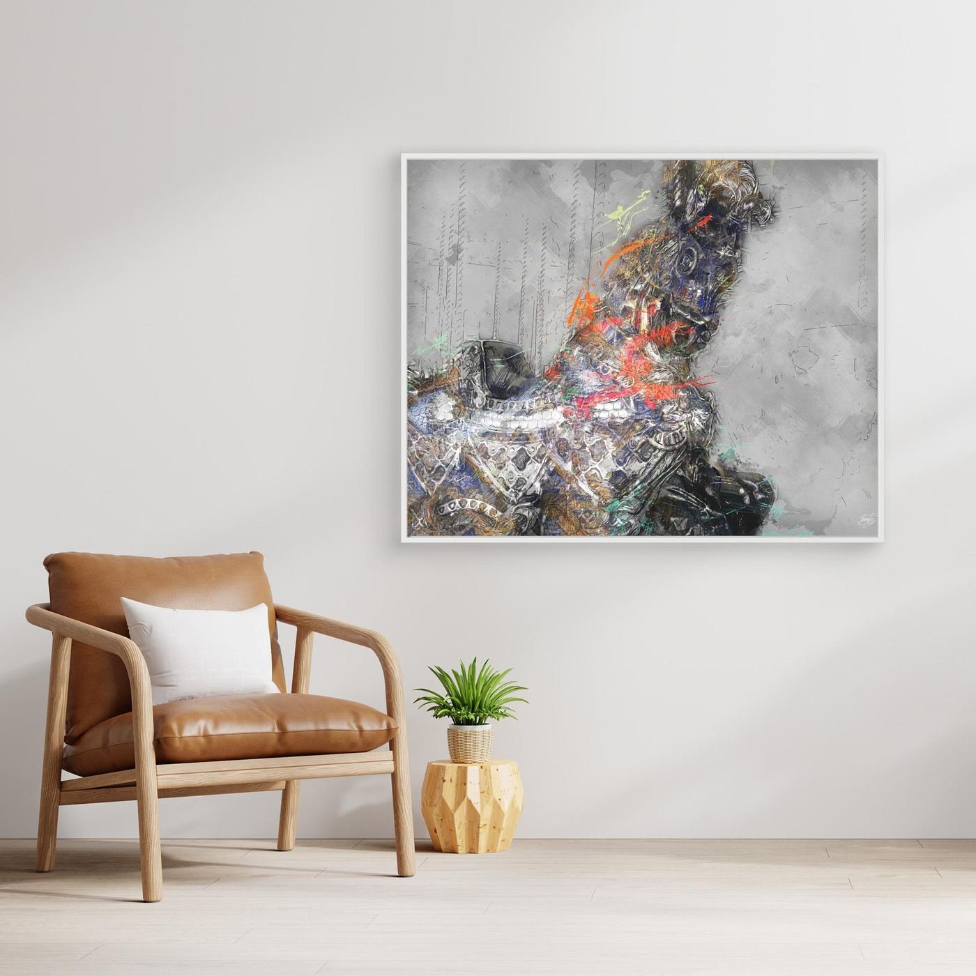 Contemporary fine art print of an intricate robotic cyberpunk horse with mechanical gears and vibrant paint splatters against a textured grey background, framed and ready to hang. WIth chair