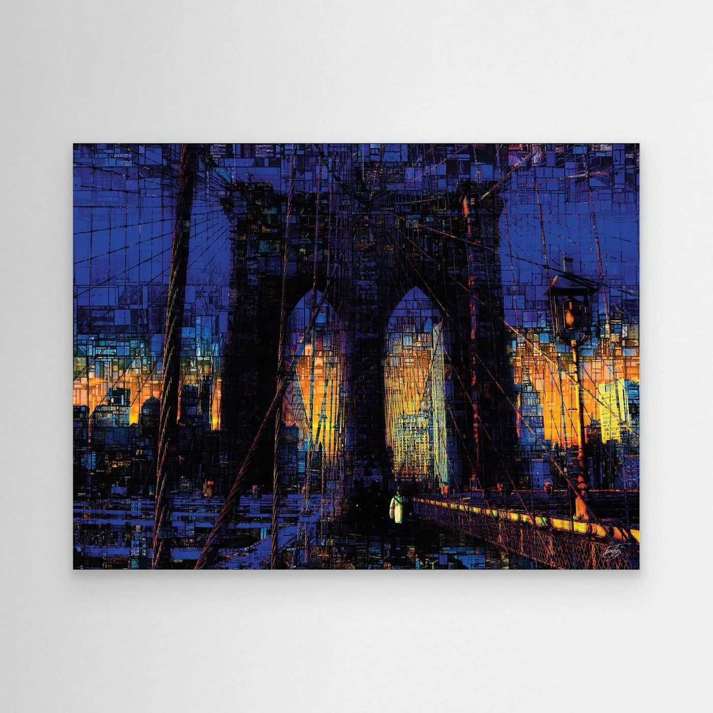 Abstract fine art print of the Brooklyn Bridge at sunset featuring a complex mosaic and pixelated texture in deep blue and vibrant golden tones, framed and ready to hang.
