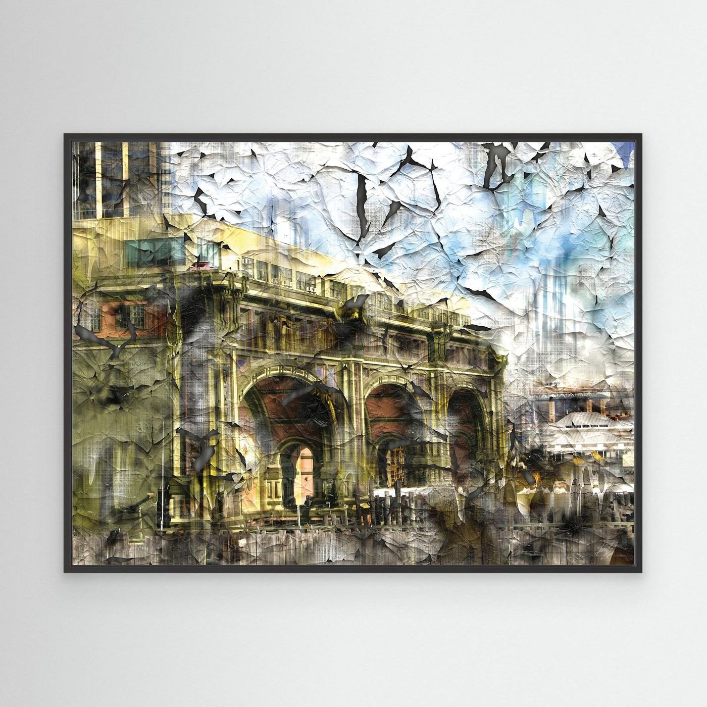 Abstract fine art print showcasing classical building arches with heavy cracked and distressed paint textures in gold, grey, and soft blue tones, framed and ready to hang. With black frame
