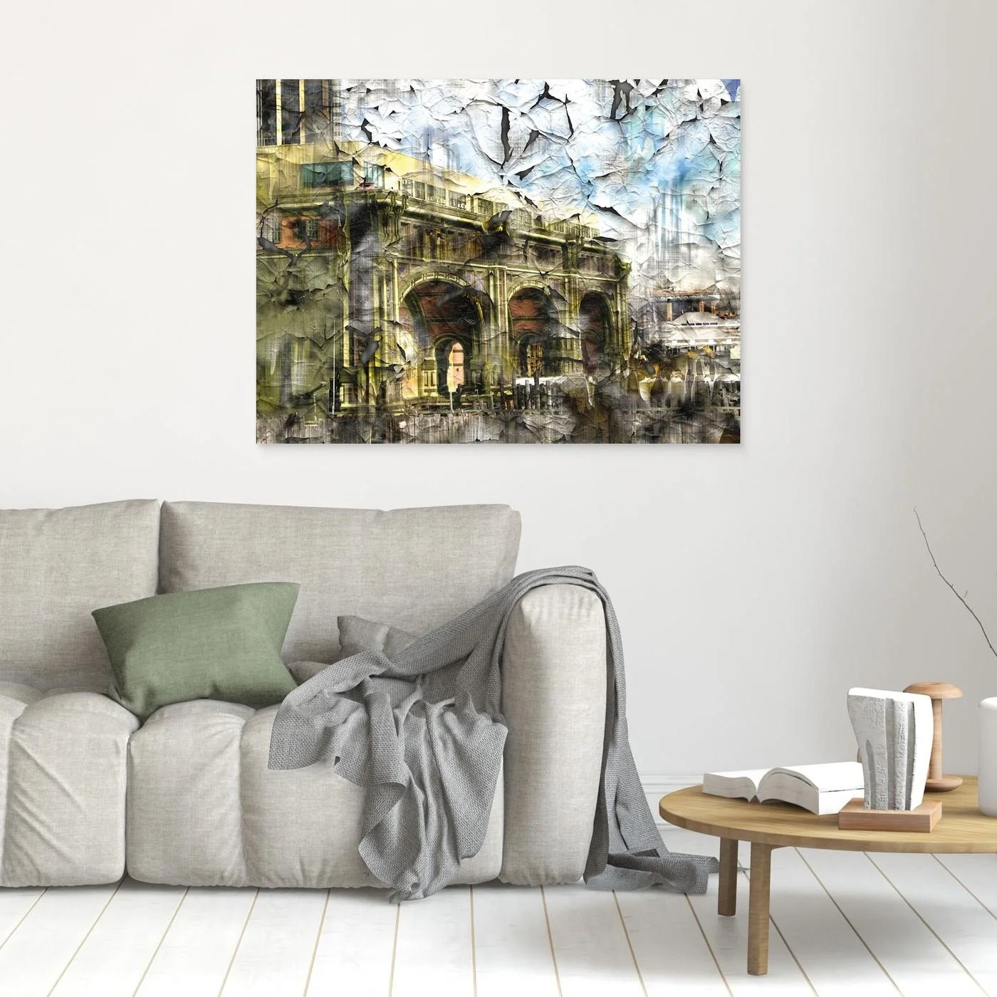 Abstract fine art print showcasing classical building arches with heavy cracked and distressed paint textures in gold, grey, and soft blue tones, framed and ready to hang. In living room