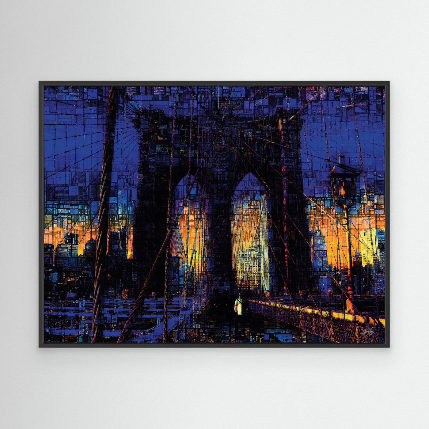 Abstract fine art print of the Brooklyn Bridge at sunset featuring a complex mosaic and pixelated texture in deep blue and vibrant golden tones, framed and ready to hang. With black frame