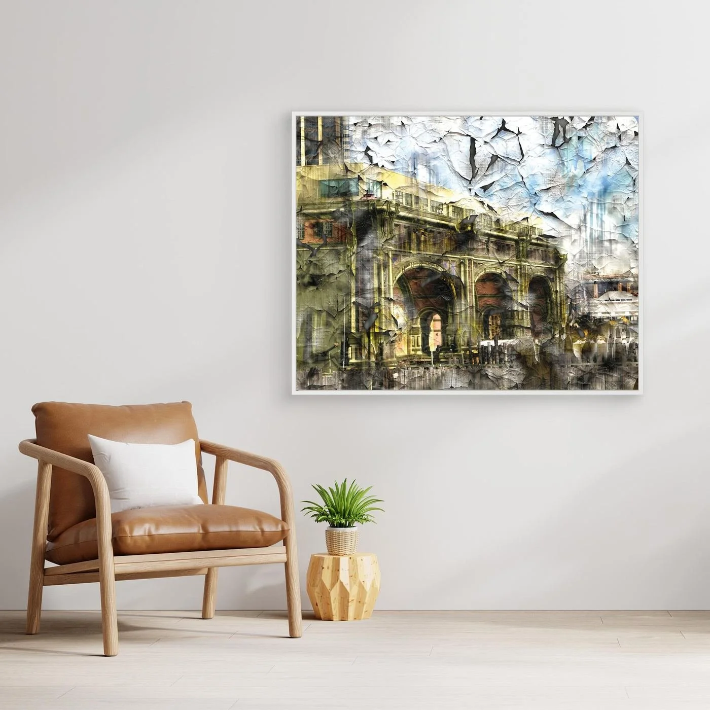 Abstract fine art print showcasing classical building arches with heavy cracked and distressed paint textures in gold, grey, and soft blue tones, framed and ready to hang. With chair