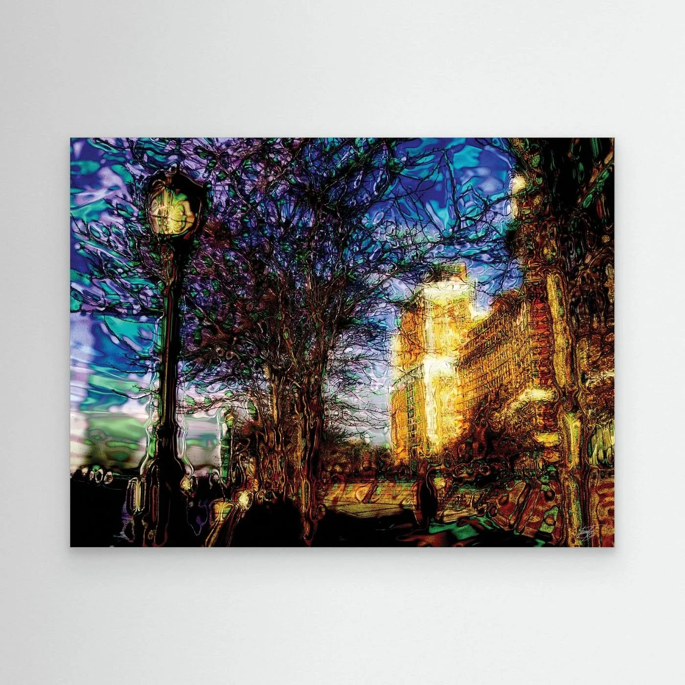 Abstract fine art print showcasing a surreal city park at night with an ornate street lamp, intricate bare trees, and electric blue, purple, and glowing gold liquid textures, framed and ready to hang.