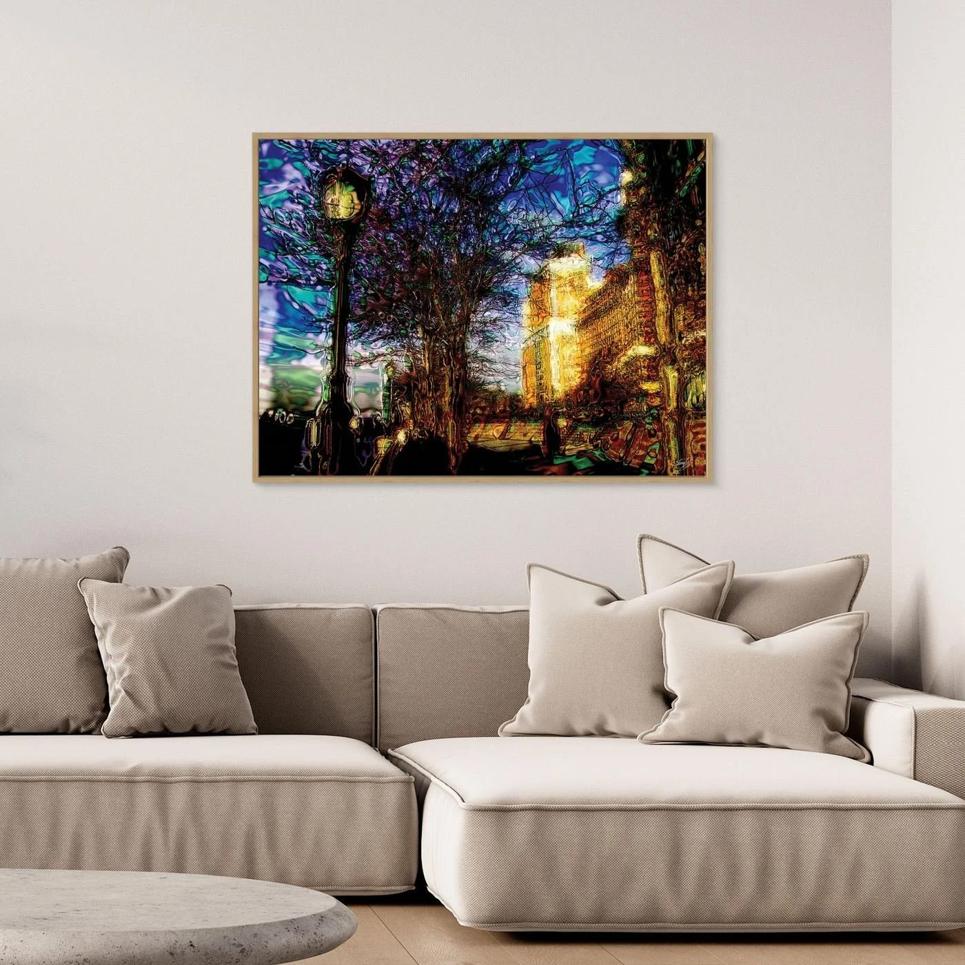 Abstract fine art print of a surreal city park at night with street lamp, bare trees, and electric blue, purple, and glowing gold liquid textures, framed and ready to hang. Over grey couch