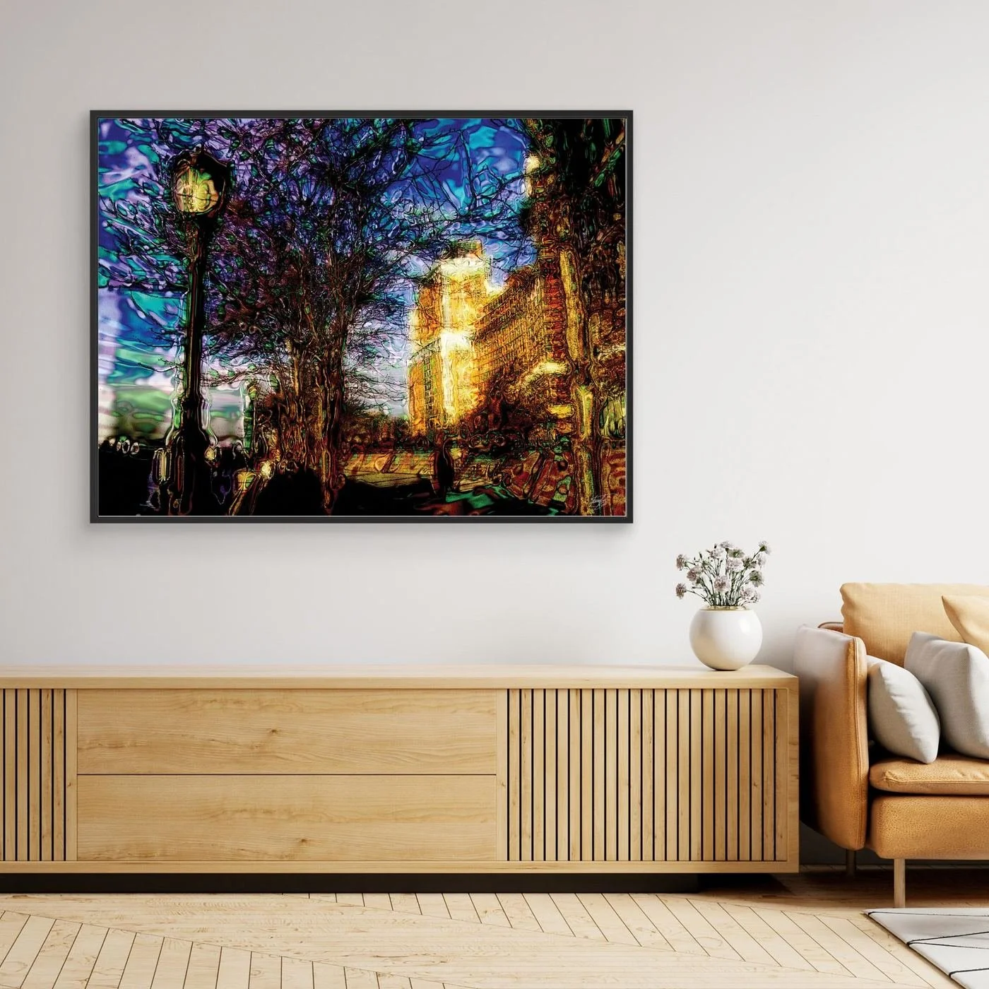Abstract fine art print of a surreal city park at night with street lamp, bare trees, and electric blue, purple, and glowing gold liquid textures, framed and ready to hang. Over wooden console