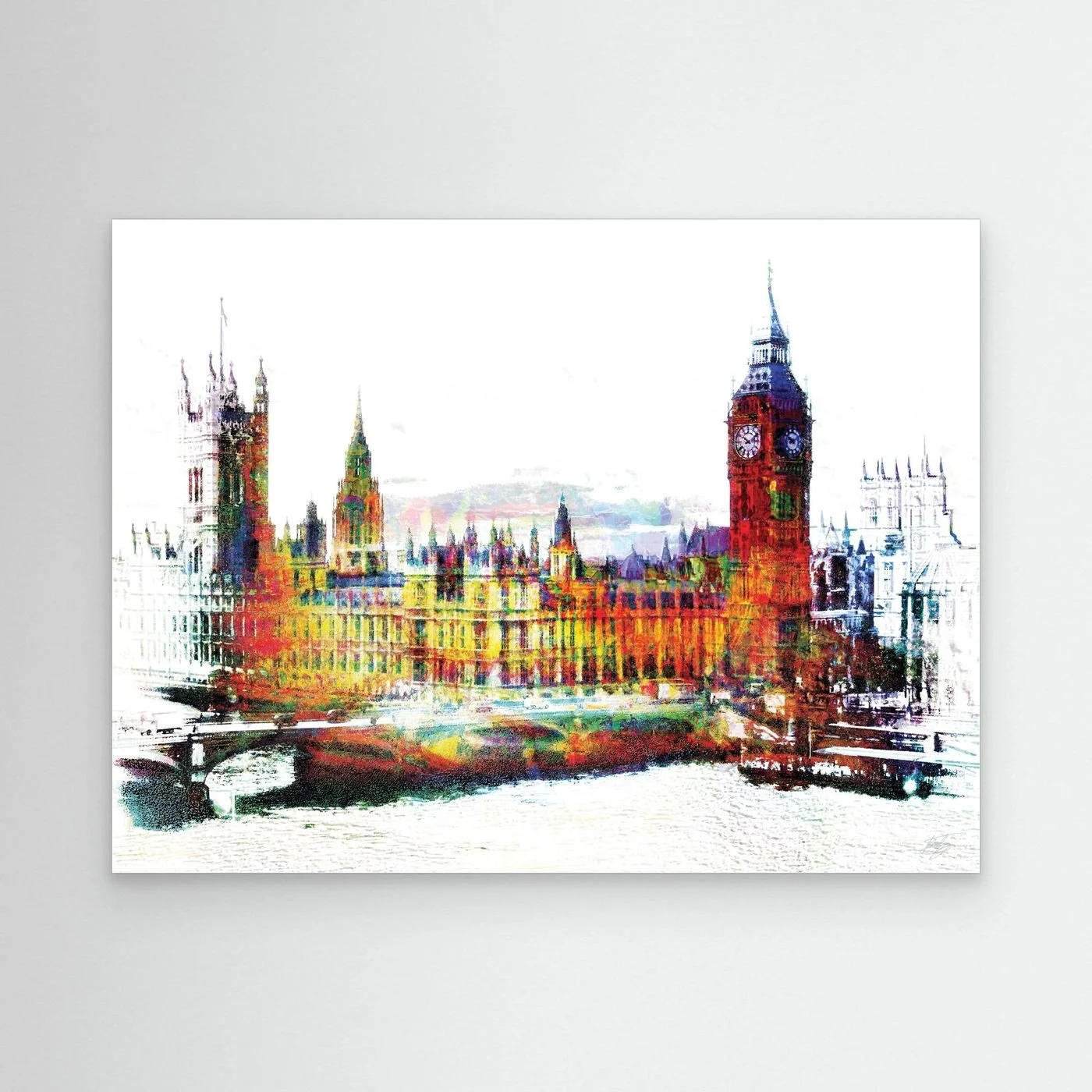 Expressionist fine art print of London's Houses of Parliament and Big Ben featuring high-contrast multicolor textures on a bright white background, framed and ready to hang.