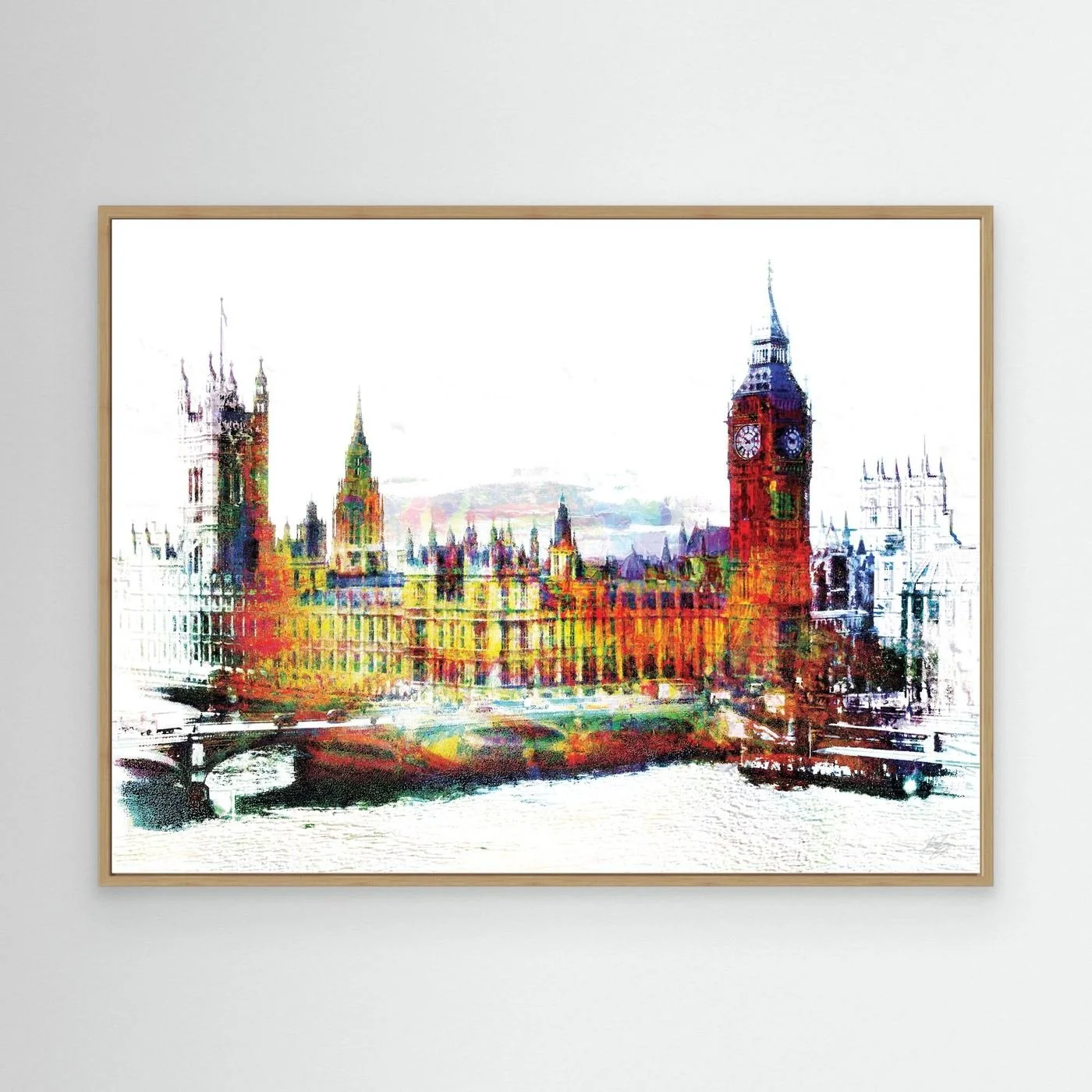 Expressionist fine art print of London's Houses of Parliament and Big Ben featuring high-contrast multicolor textures on a bright white background, framed and ready to hang. With wooden frame