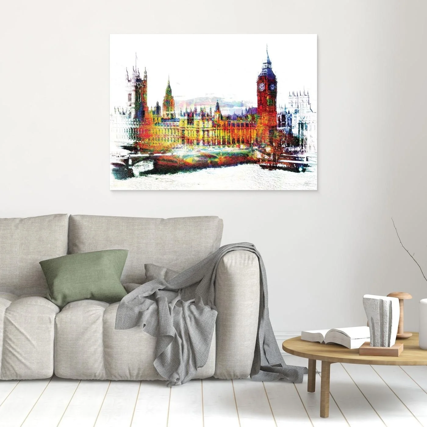 Expressionist fine art print of London's Houses of Parliament and Big Ben featuring high-contrast multicolor textures on a bright white background, framed and ready to hang. In living room