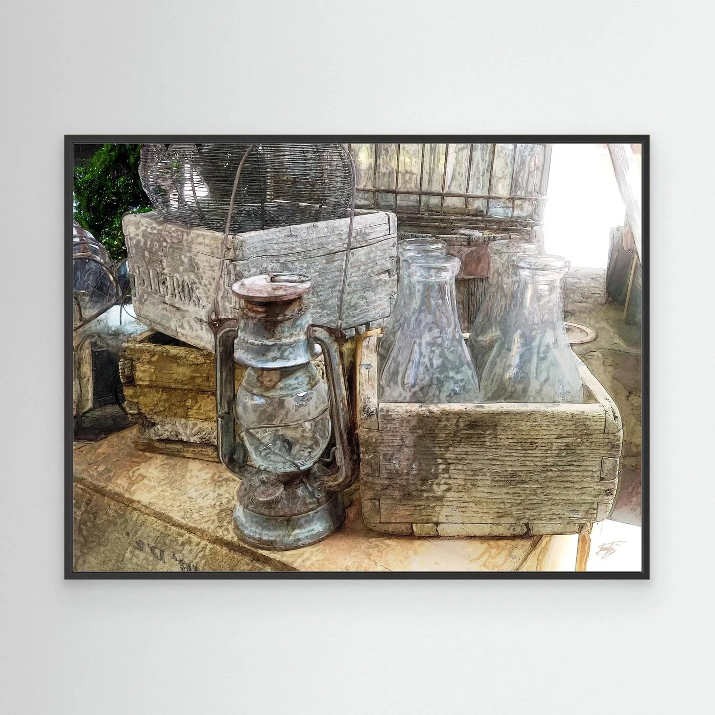 Vintage fine art print of an antique kerosene lantern, glass bottles in a rustic wooden crate, and weathered textures in warm neutral tones, framed and ready to hang. With black frame