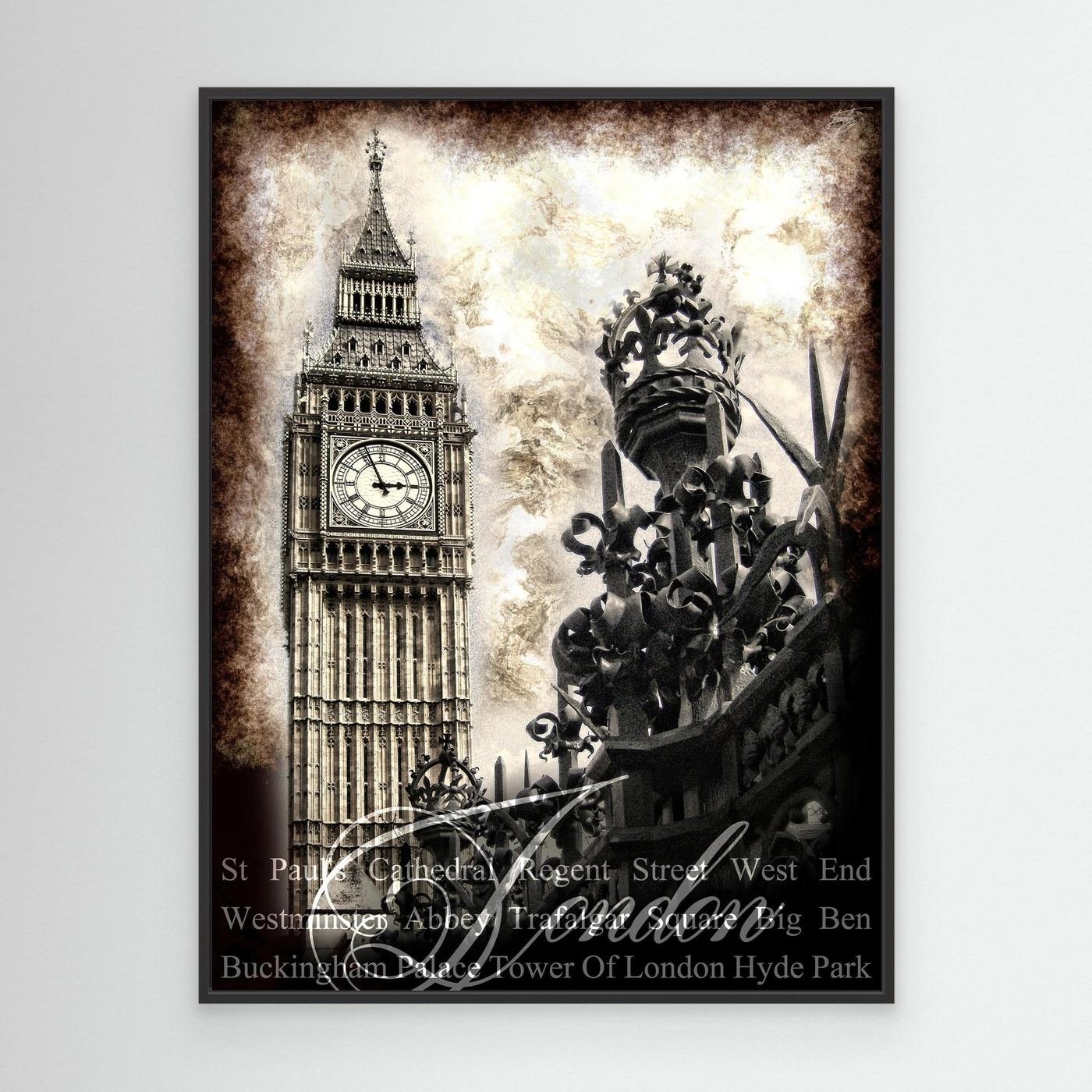 Vintage fine art print of London featuring the Big Ben clock tower and a royal crown gate ornament in dramatic sepia tones with typography of landmarks, framed and ready to hang. With black frame