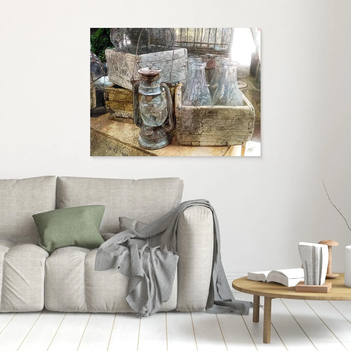 Vintage fine art print of an antique kerosene lantern, glass bottles in a rustic wooden crate, and weathered textures in warm neutral tones, framed and ready to hang. In living room