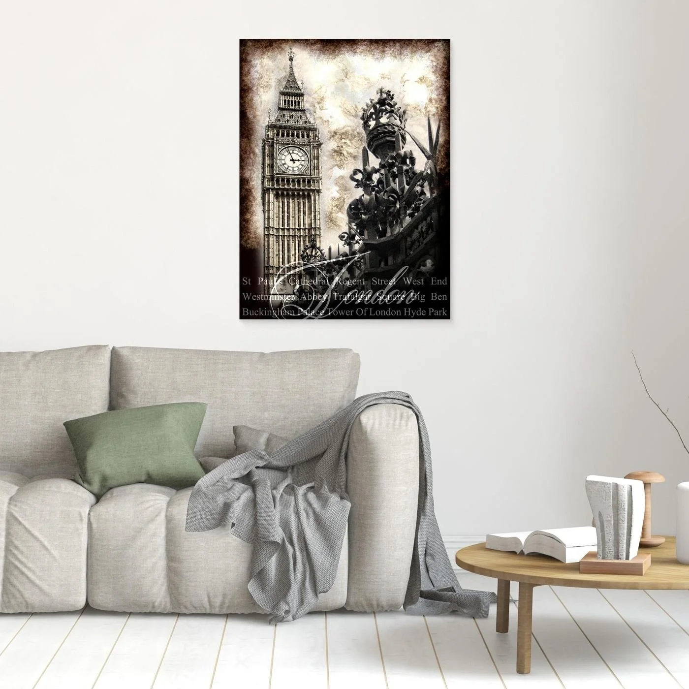 Vintage fine art print of London featuring the Big Ben clock tower and a royal crown gate ornament in dramatic sepia tones with typography of landmarks, framed and ready to hang. In living room