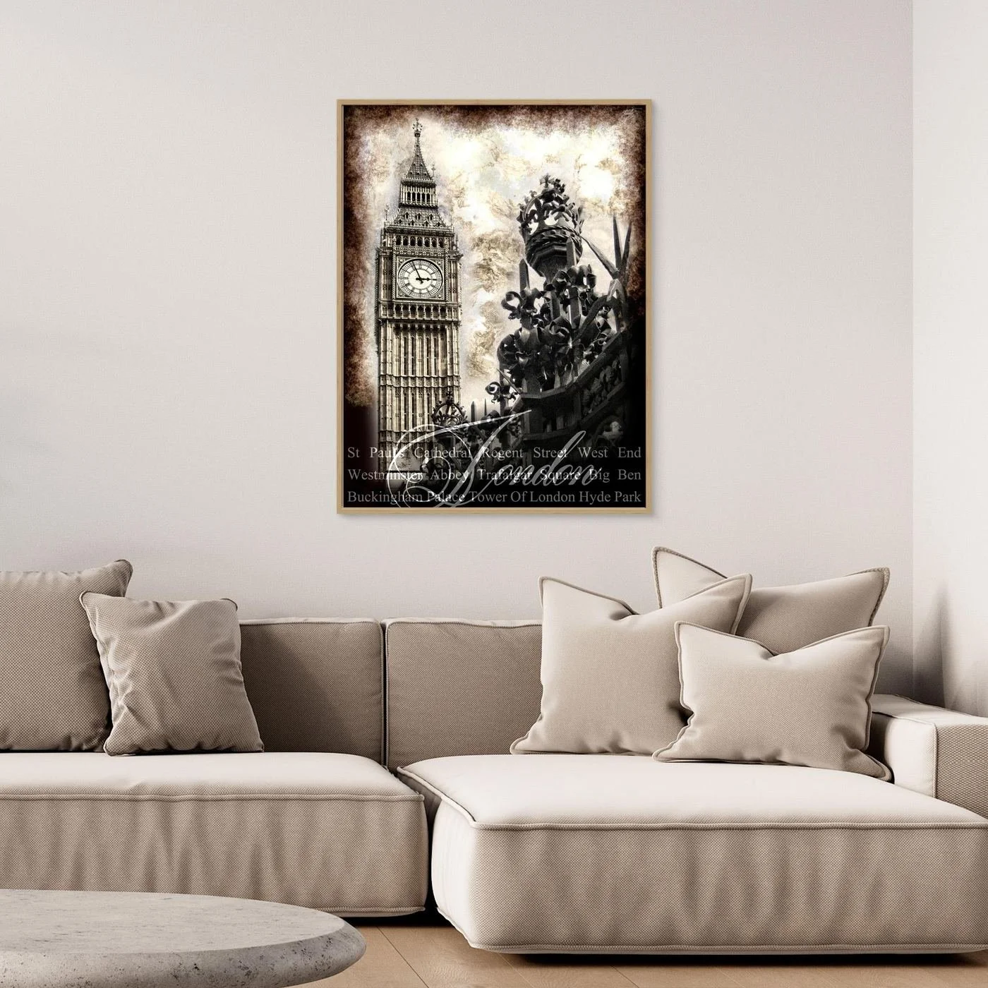 Vintage fine art print of London featuring the Big Ben clock tower and a royal crown gate ornament in dramatic sepia tones with typography of landmarks, framed and ready to hang. Over grey couch
