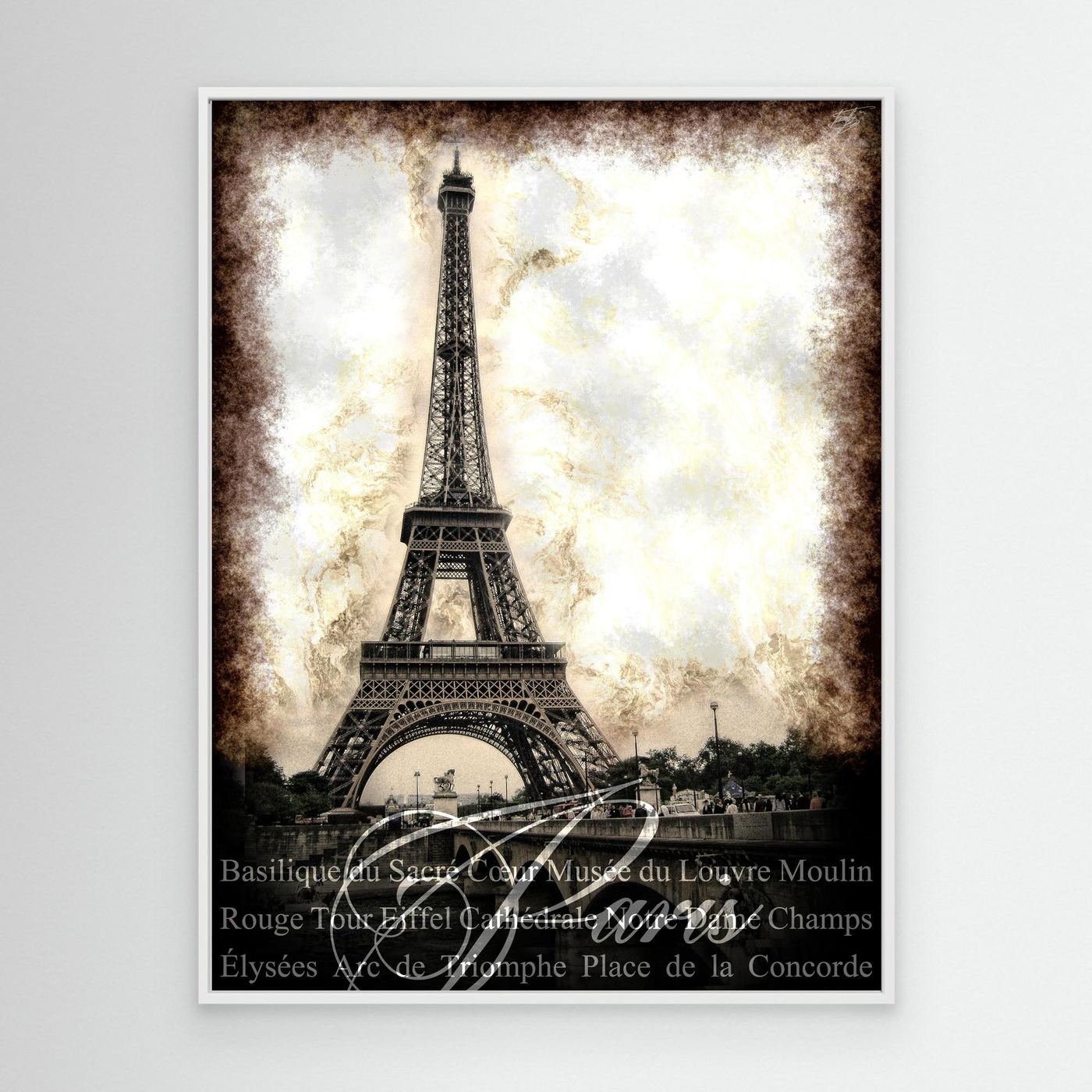 Vintage fine art print of Paris featuring the Eiffel Tower with a textured sepia background and elegant typography of French landmarks, framed and ready to hang. With white frame