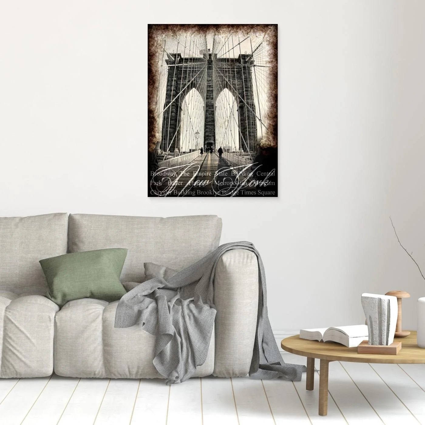 Vintage fine art print of New York City of Brooklyn Bridge with a textured sepia background and elegant typography of NYC landmarks, framed and ready to hang. In living room