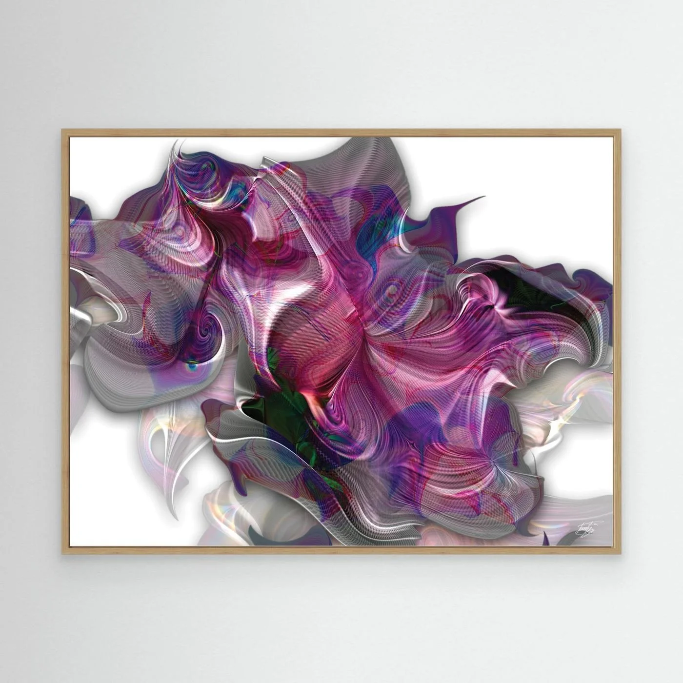 Abstract fine art print showcasing a complex, swirling organic shape with electric magenta, pink, and violet line patterns over a bright white background, framed and ready to hang. With wooden frame