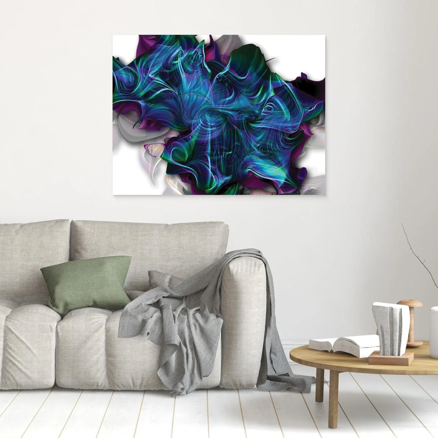 Abstract fine art print showing a complex, swirling organic shape with electric teal, blue, and purple lines over a clean white background, framed and ready to hang on living room