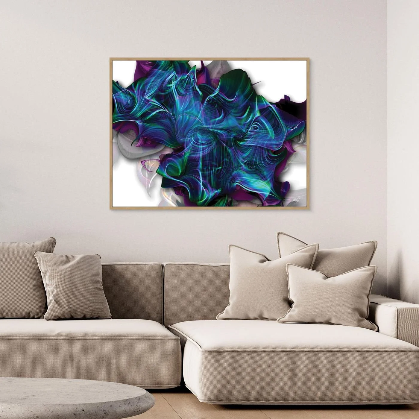 Abstract fine art print showing a complex, swirling organic shape with electric teal, blue, and purple lines over a clean white background, framed and ready to hang, over  gray sofa