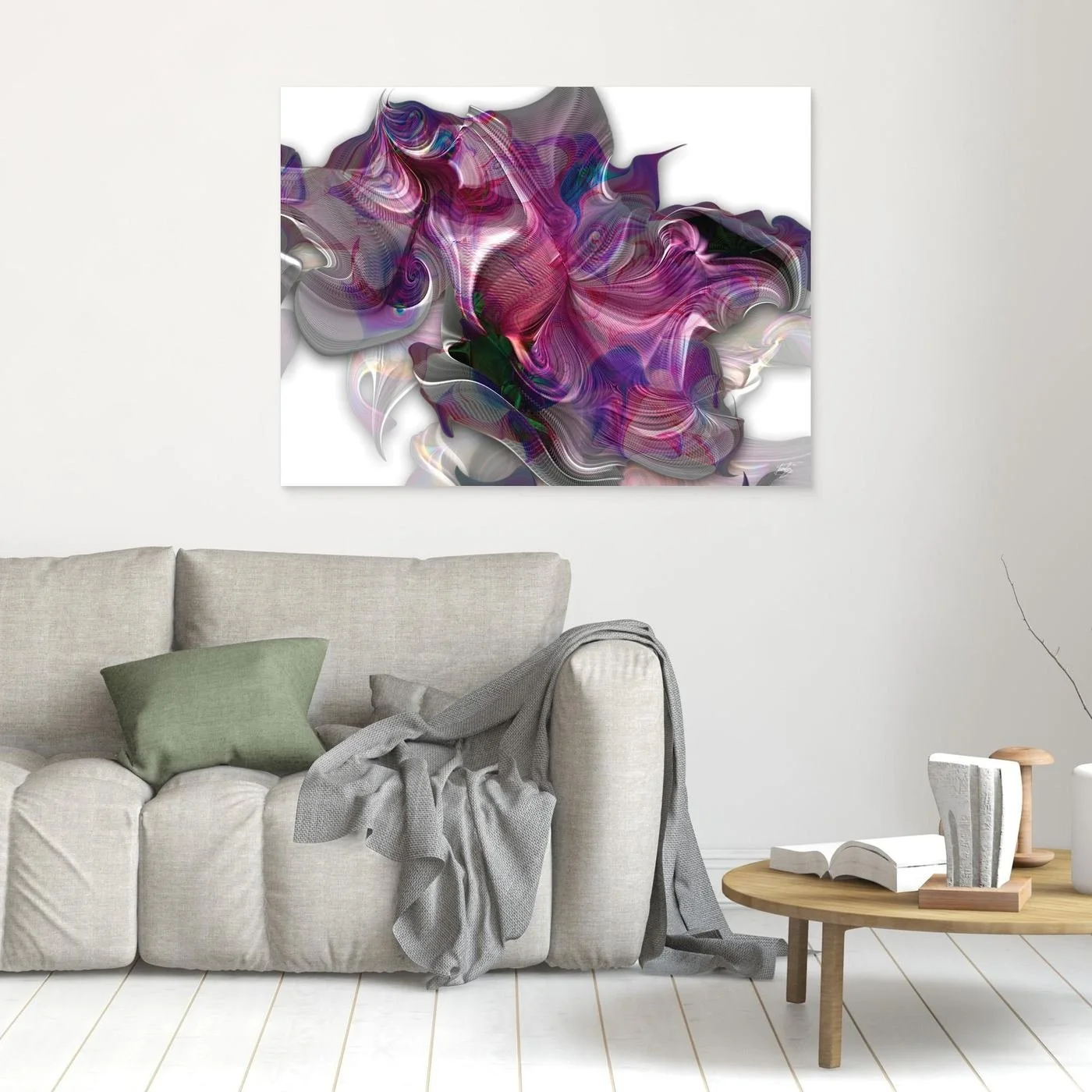 Abstract fine art print showcasing a complex, swirling organic shape with electric magenta, pink, and violet line patterns over a bright white background, framed and ready to hang. In a living room