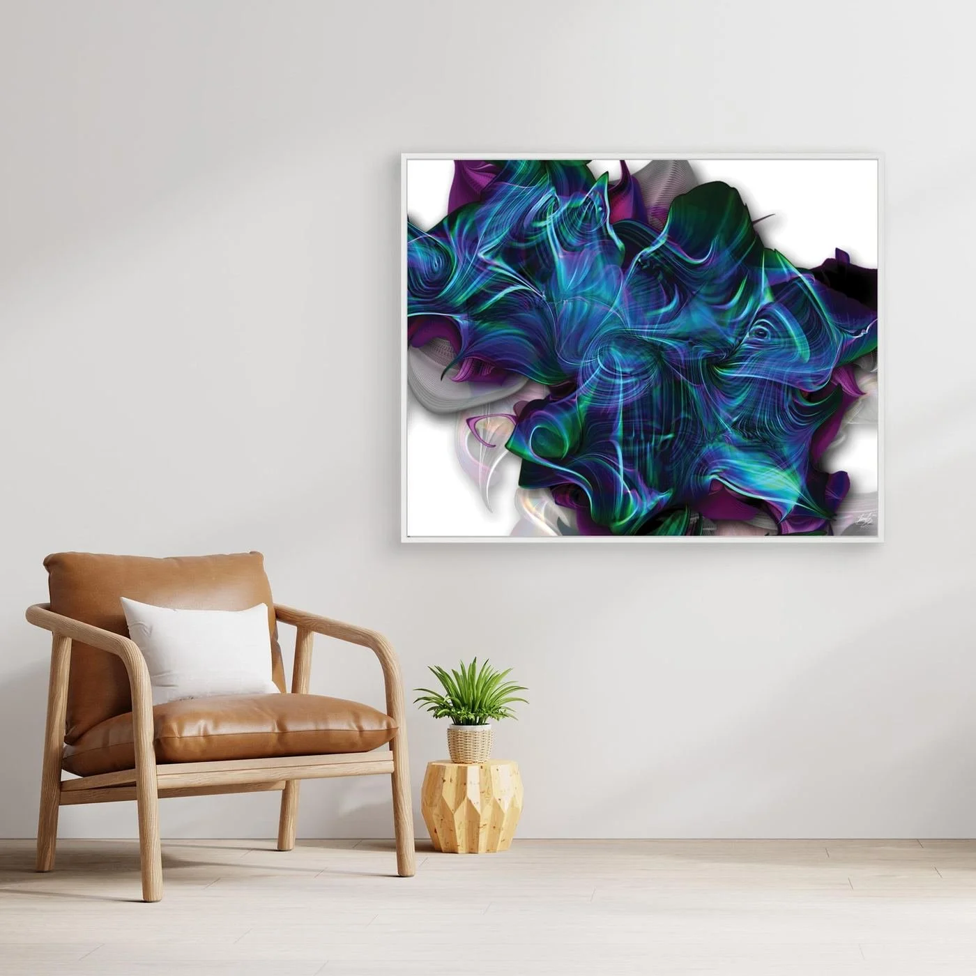 Abstract fine art print showing a complex, swirling organic shape with electric teal, blue, and purple lines over a clean white background, framed and ready to hang. With chair.