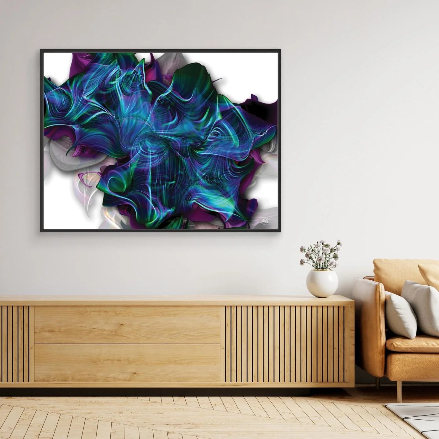 Abstract fine art print showing a complex, swirling organic shape with electric teal, blue, and purple lines over a clean white background, framed and ready to hang. Over wooden console.