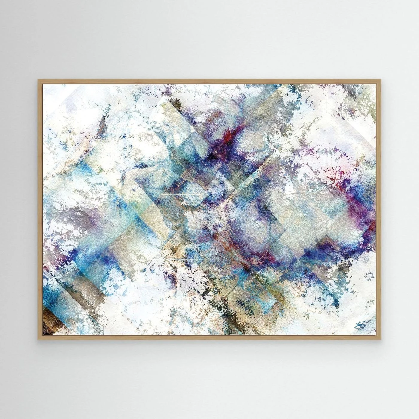 Abstract fine art print featuring weathered watercolor textures and subtle geometric patterns in blue, purple, and beige tones on a bright white background, framed and ready to hang. With wooden frame