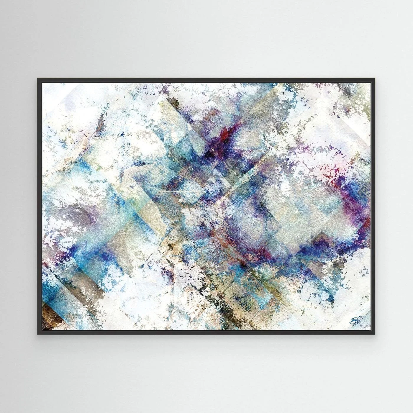Abstract fine art print featuring weathered watercolor textures and subtle geometric patterns in blue, purple, and beige tones on a bright white background, framed and ready to hang. With black frame