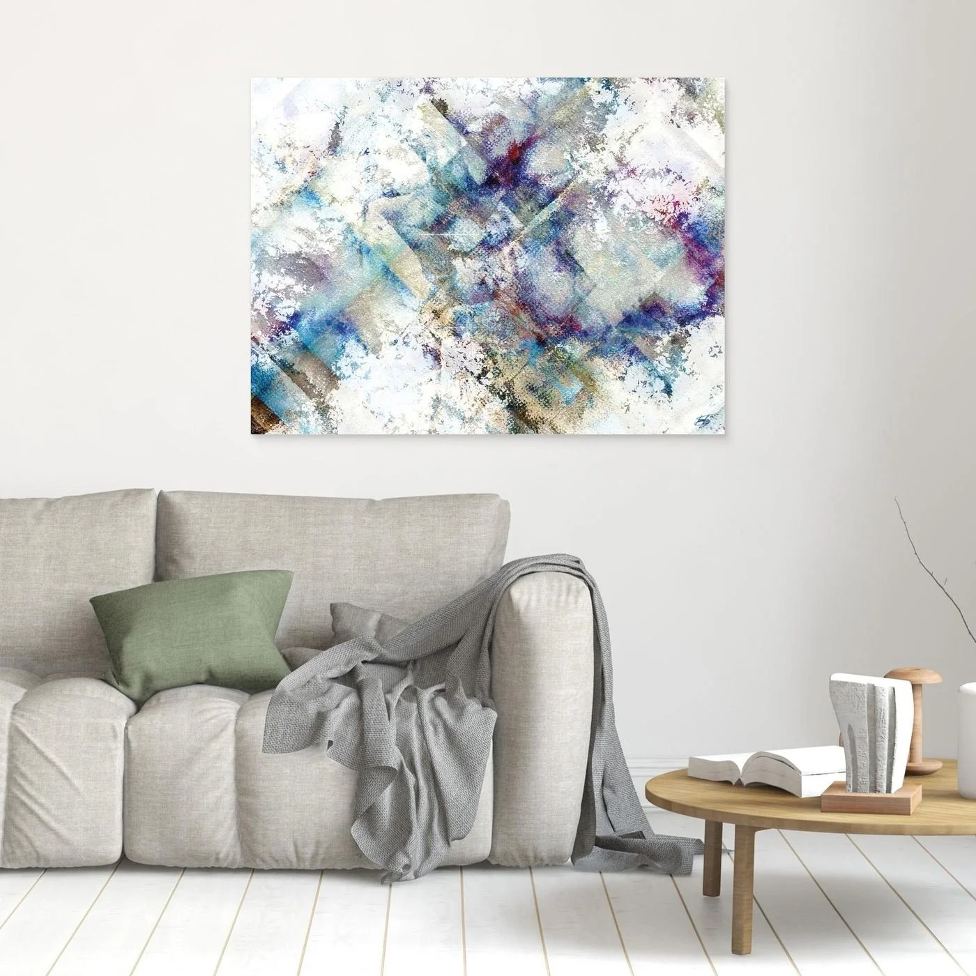 Abstract fine art print featuring weathered watercolor textures and subtle geometric patterns in blue, purple, and beige tones on a bright white background, framed and ready to hang. In living room