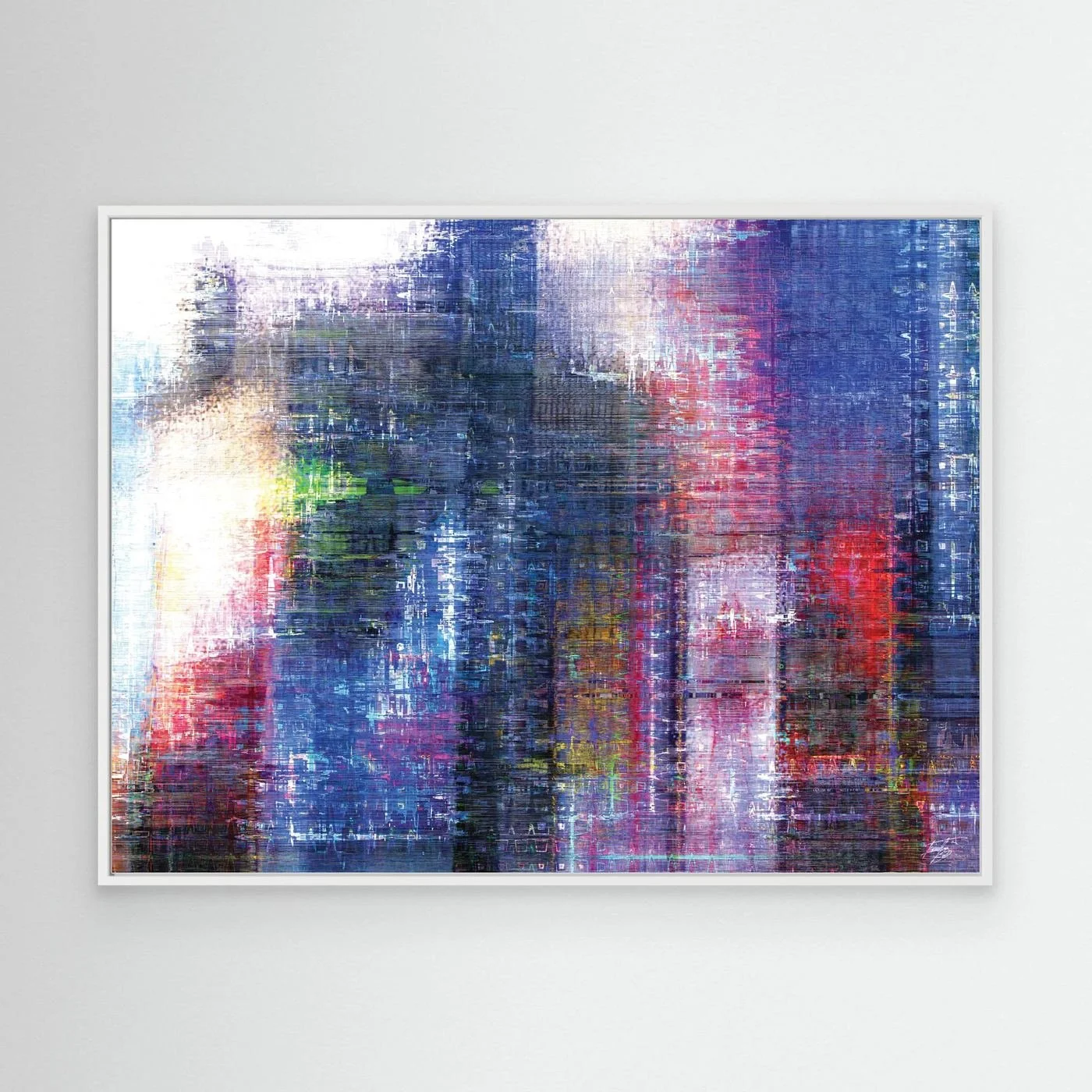 Abstract fine art print evoking a textured city skyline with vertical lines in deep blue, purple, and red tones, framed and ready to hang. With white frame