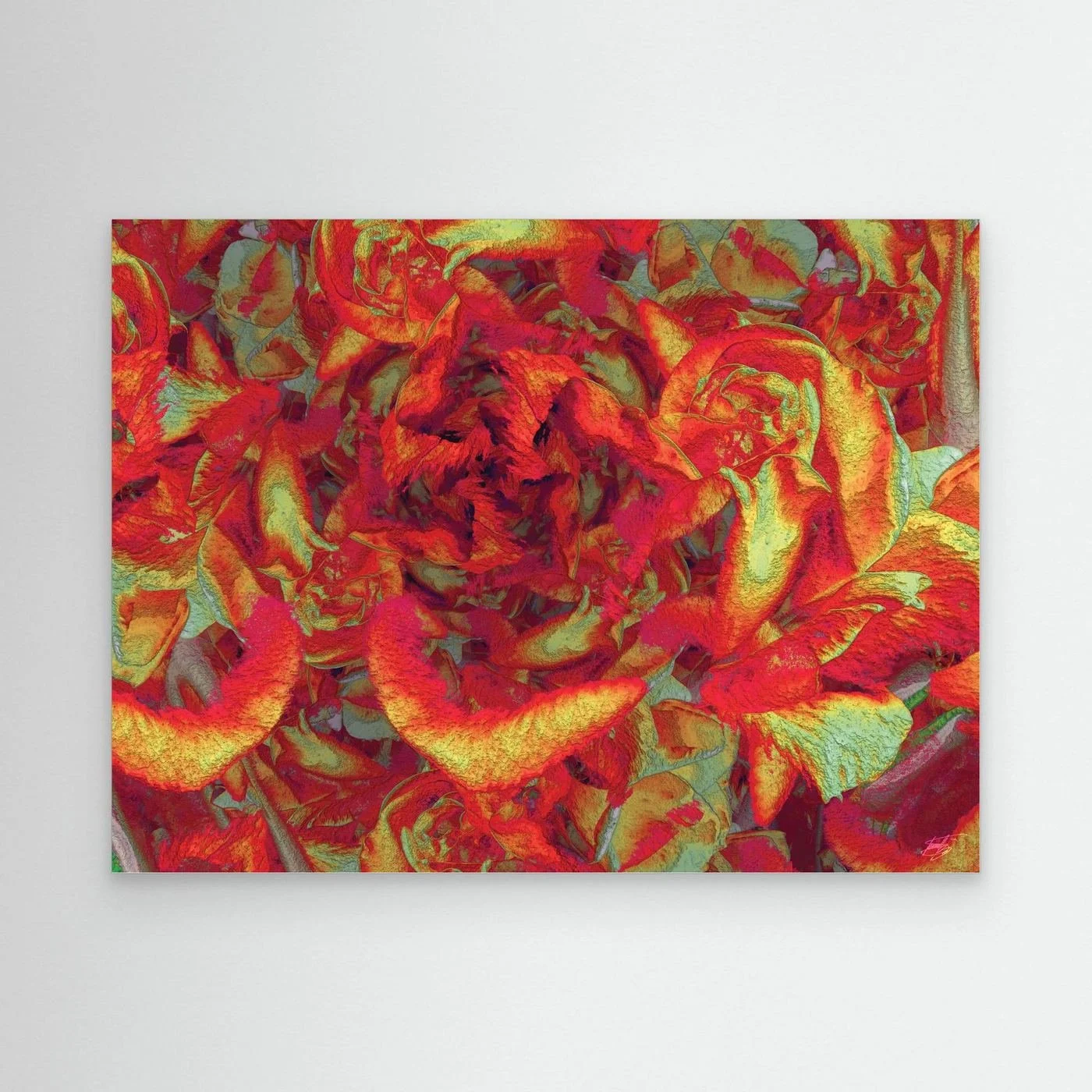 Abstract fine art print showcasing a dense, highly textured floral pattern in vibrant crimson red, fiery orange, and gold tones, framed and ready to hang.