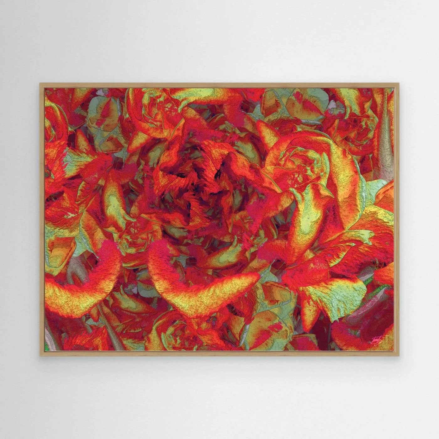 Abstract fine art print showcasing a dense, highly textured floral pattern in vibrant crimson red, fiery orange, and gold tones, framed and ready to hang. With white frame