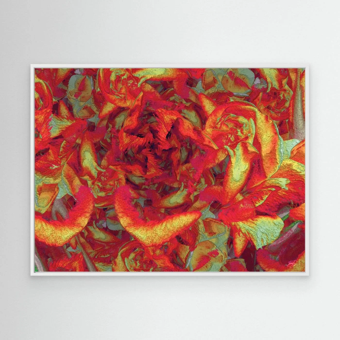 Abstract fine art print showcasing a dense, highly textured floral pattern in vibrant crimson red, fiery orange, and gold tones, framed and ready to hang. With wooden frame
