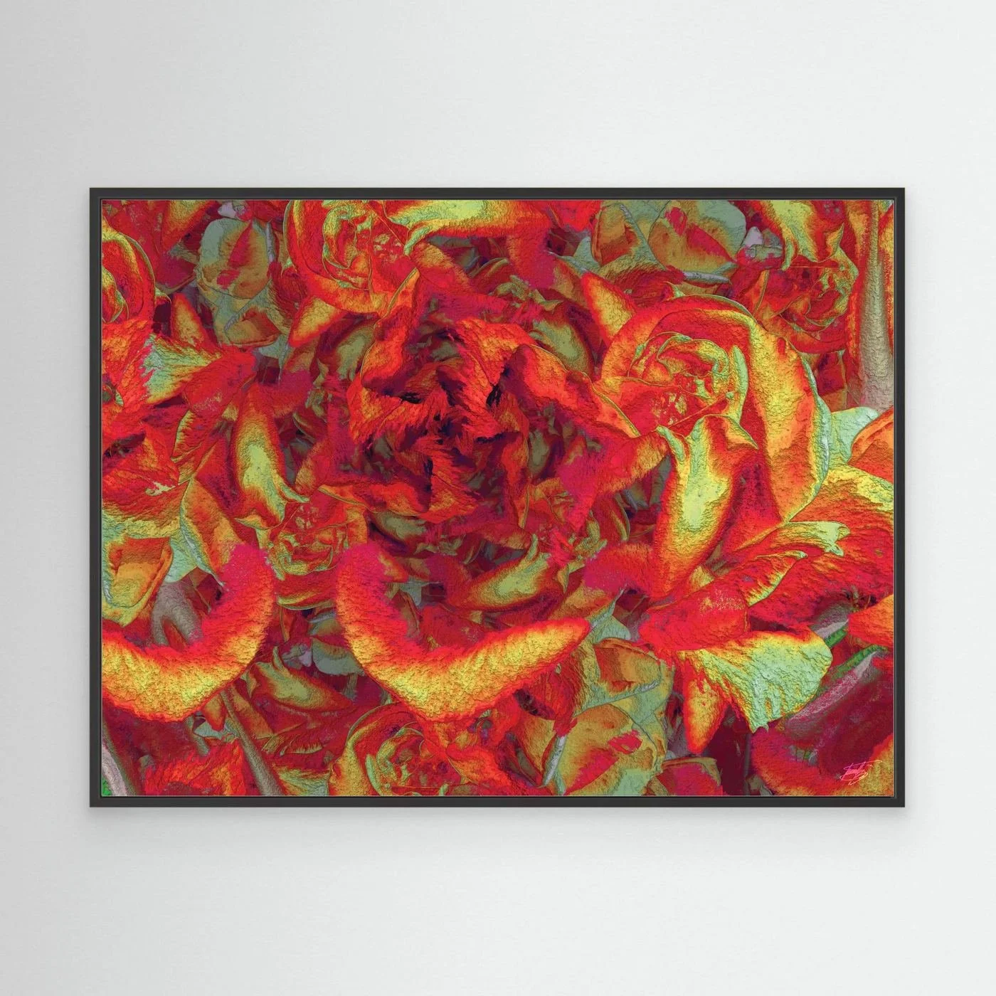 Abstract fine art print showcasing a dense, highly textured floral pattern in vibrant crimson red, fiery orange, and gold tones, framed and ready to hang. With black frame