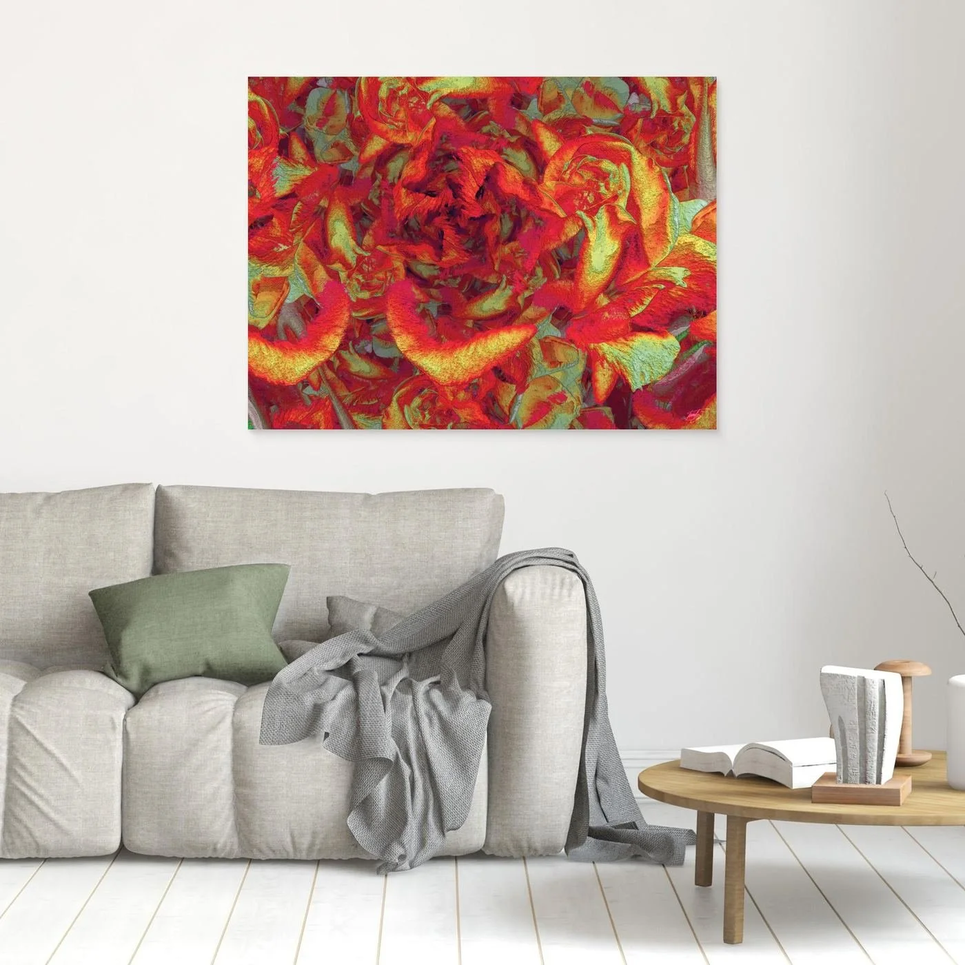 Abstract fine art print showcasing a dense, highly textured floral pattern in vibrant crimson red, fiery orange, and gold tones, framed and ready to hang. In living room