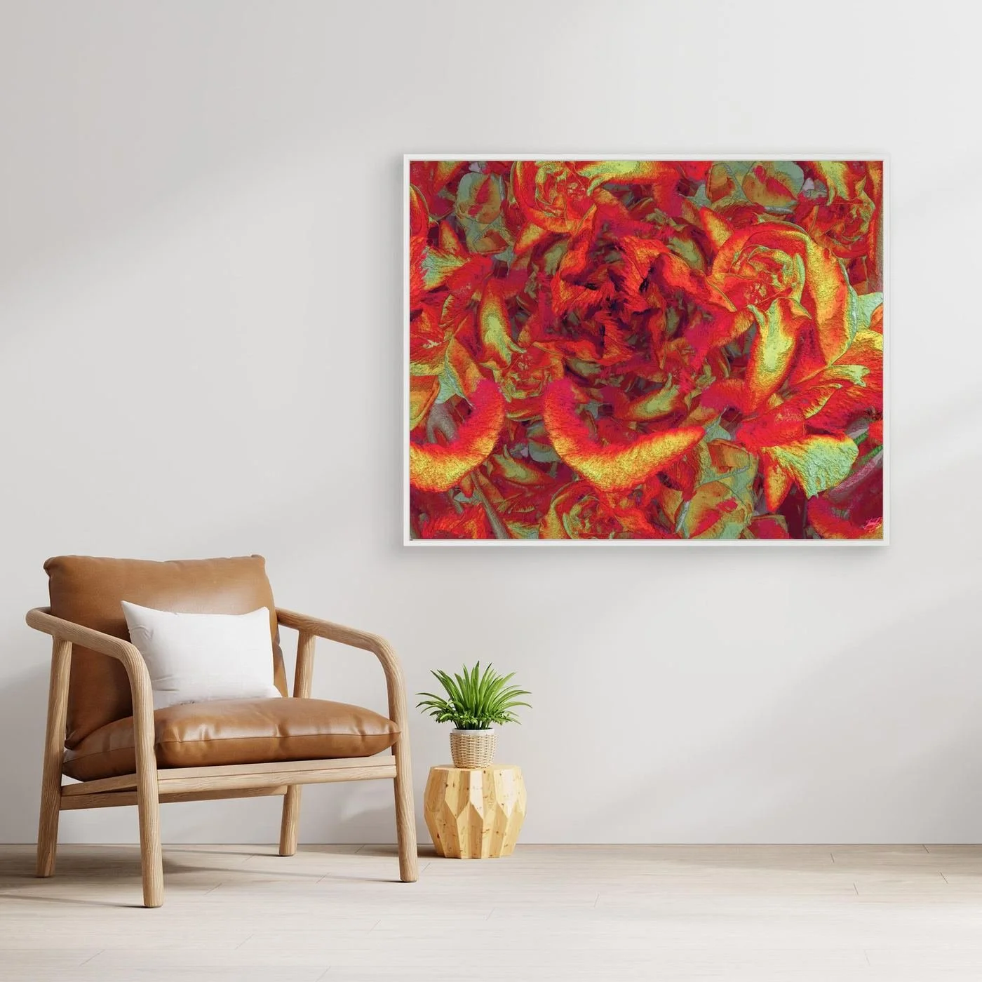 Abstract fine art print showcasing a dense, highly textured floral pattern in vibrant crimson red, fiery orange, and gold tones, framed and ready to hang. With chair