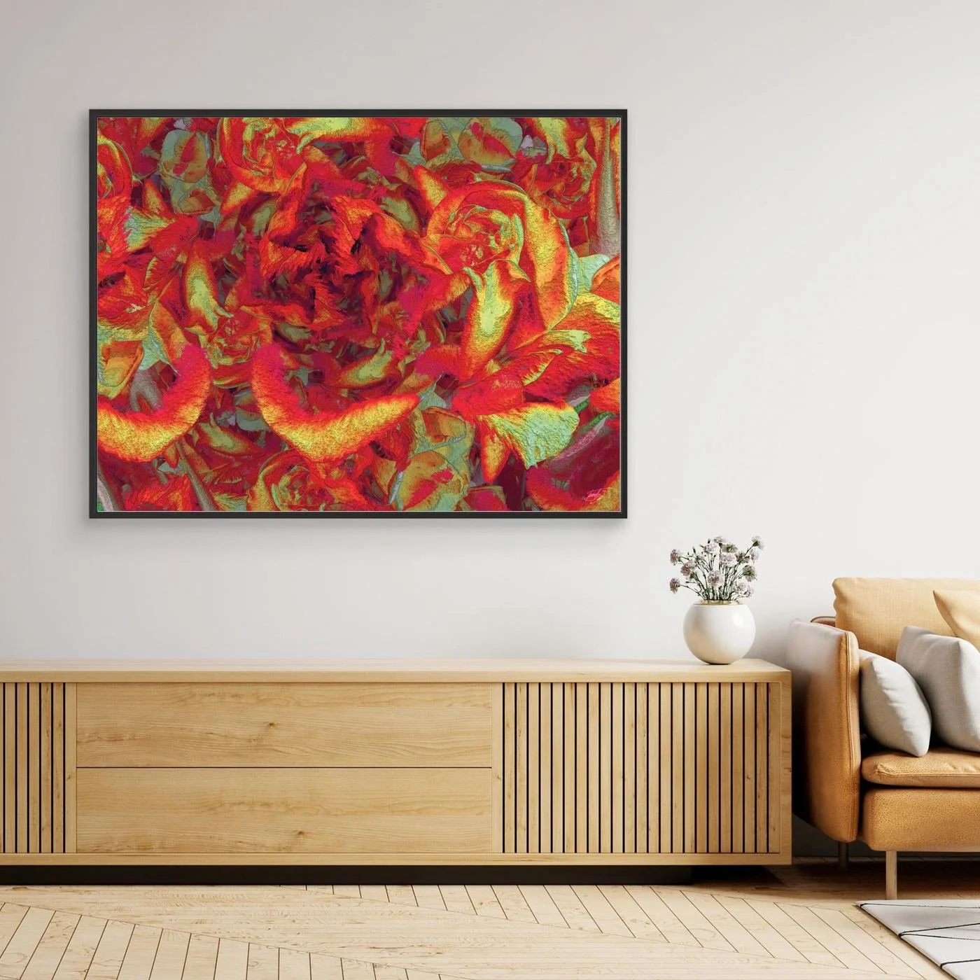 Abstract fine art print showcasing a dense, highly textured floral pattern in vibrant crimson red, fiery orange, and gold tones, framed and ready to hang. Over wooden console