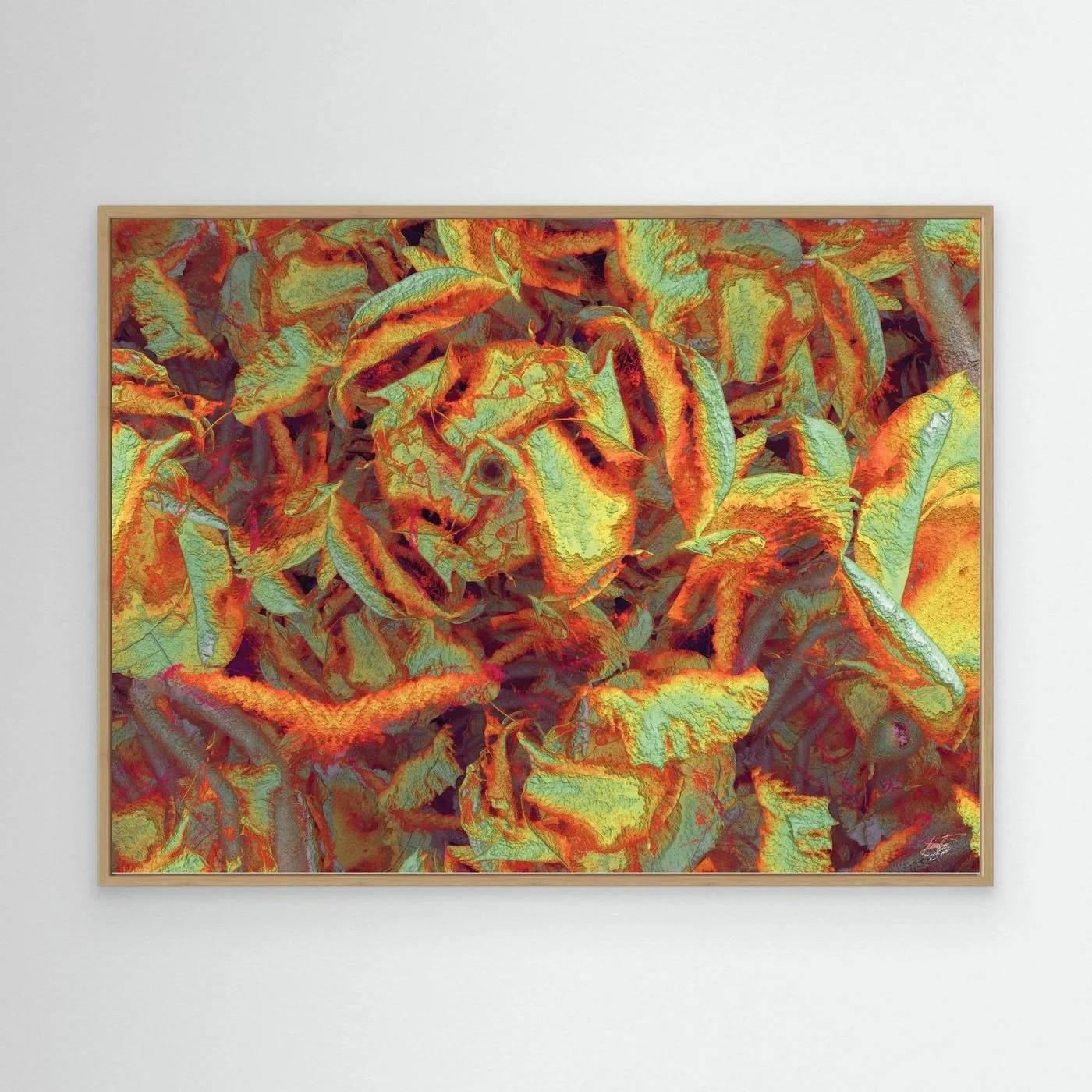 Abstract fine art print showcasing a dense, highly textured pattern of organic leaf-like shapes in warm autumn tones of orange, gold, and sage green, framed and ready to hang. With wooden frame