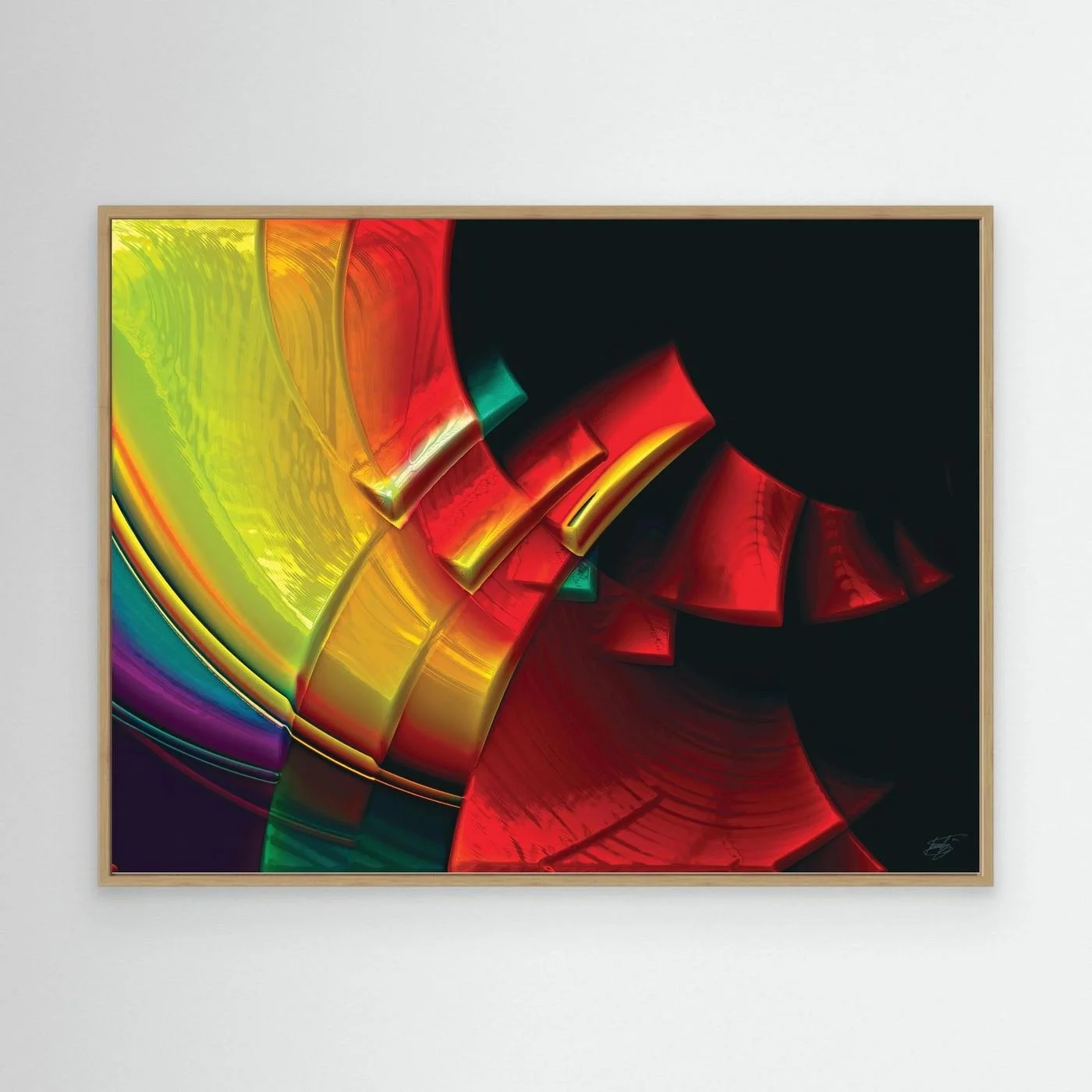 Vibrant fine art print featuring sweeping three-dimensional curves in bold red, yellow, green, and purple tones against a dark black background, framed and ready to hang. With wooden frame