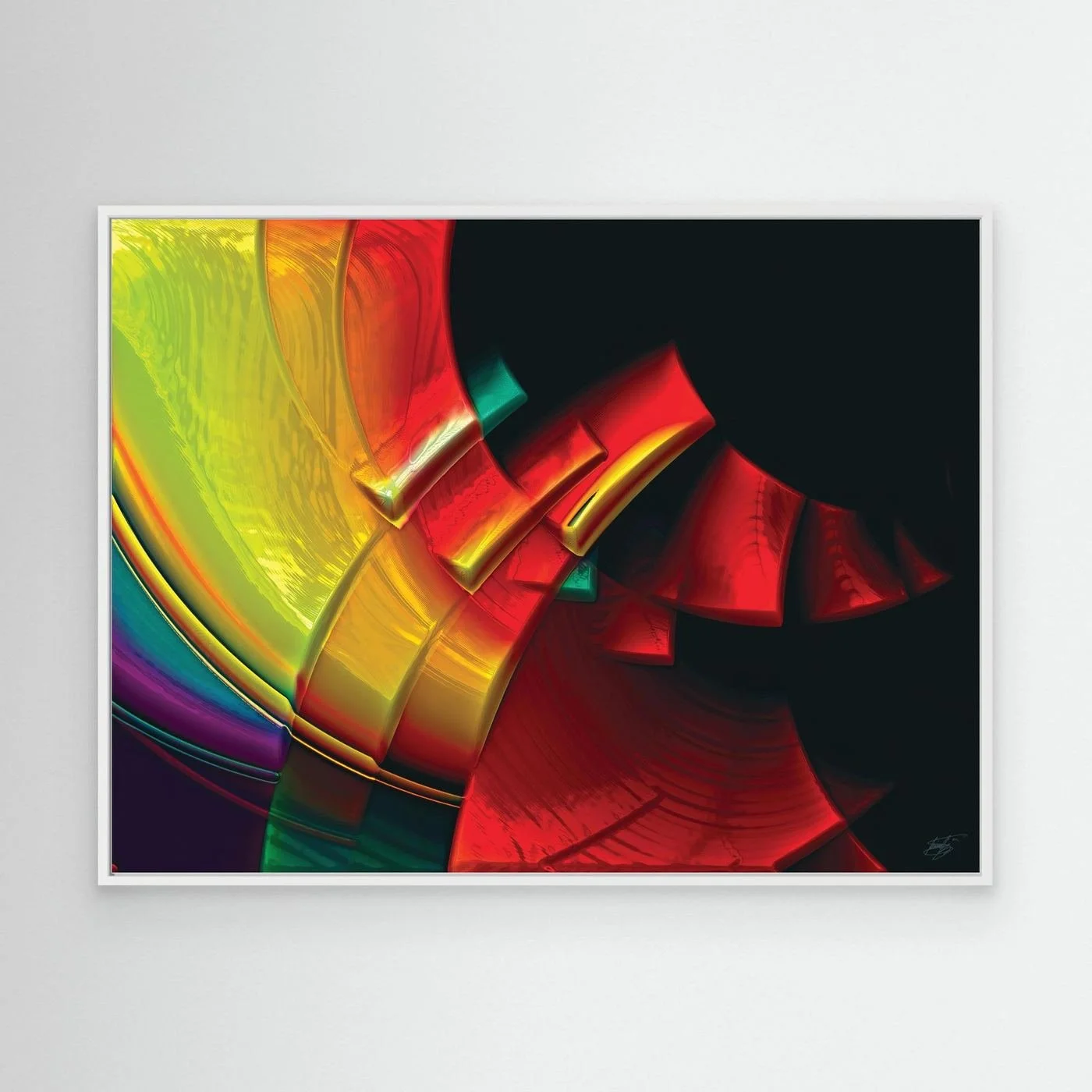 Vibrant fine art print featuring sweeping three-dimensional curves in bold red, yellow, green, and purple tones against a dark black background, framed and ready to hang. With white frame