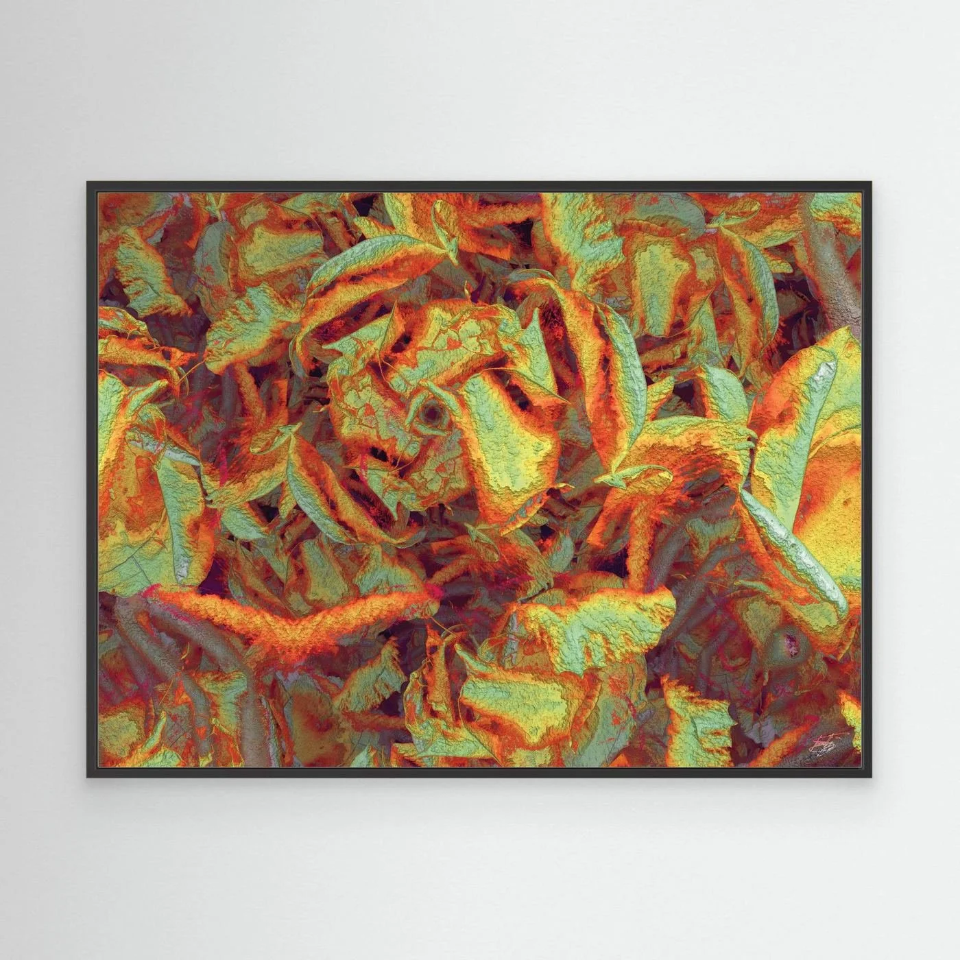 Abstract fine art print showcasing a dense, highly textured pattern of organic leaf-like shapes in warm autumn tones of orange, gold, and sage green, framed and ready to hang. With black frame