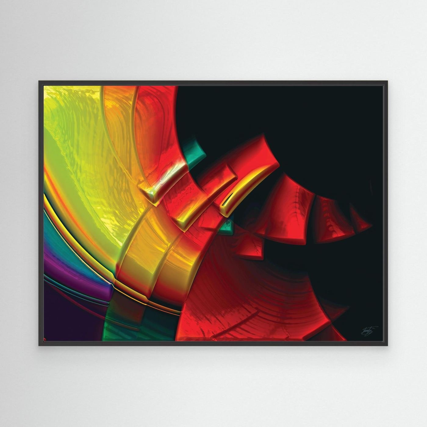 Vibrant fine art print featuring sweeping three-dimensional curves in bold red, yellow, green, and purple tones against a dark black background, framed and ready to hang. With black frame