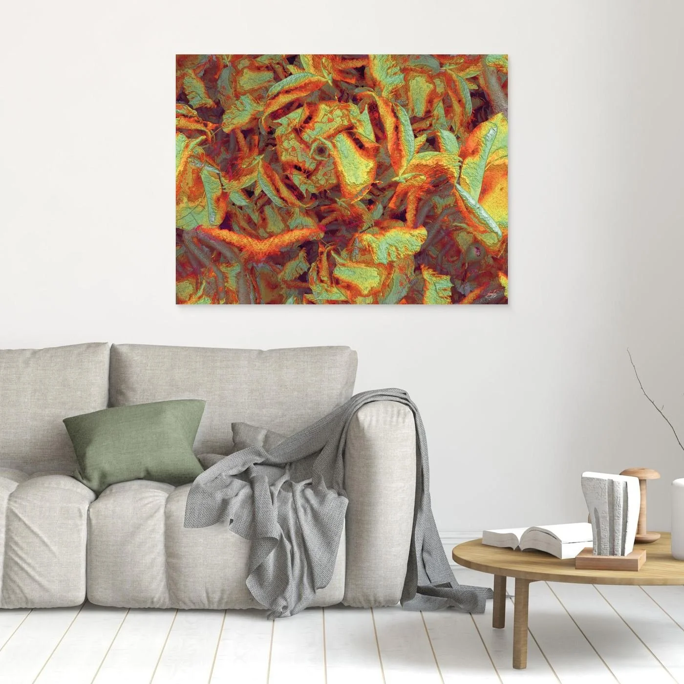 Abstract fine art print showcasing a dense, highly textured pattern of organic leaf-like shapes in warm autumn tones of orange, gold, and sage green, framed and ready to hang. In living room