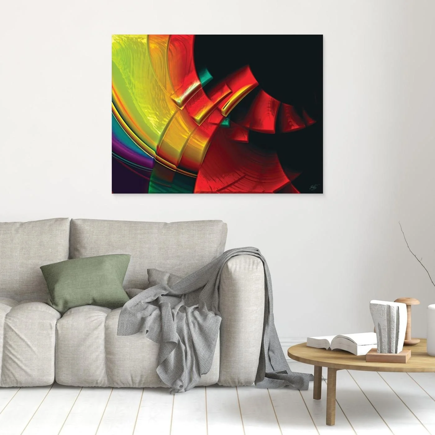 Vibrant fine art print featuring sweeping three-dimensional curves in bold red, yellow, green, and purple tones against a dark black background, framed and ready to hang. In living room