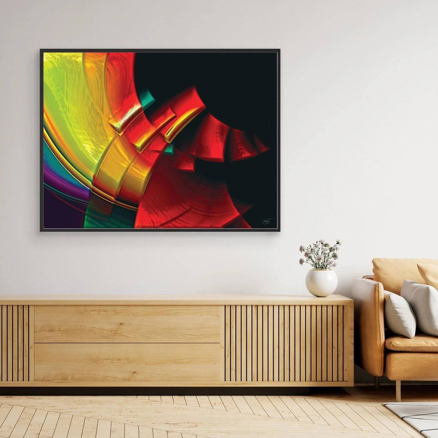 Vibrant fine art print featuring sweeping three-dimensional curves in bold red, yellow, green, and purple tones against a dark black background, framed and ready to hang. Over wooden console