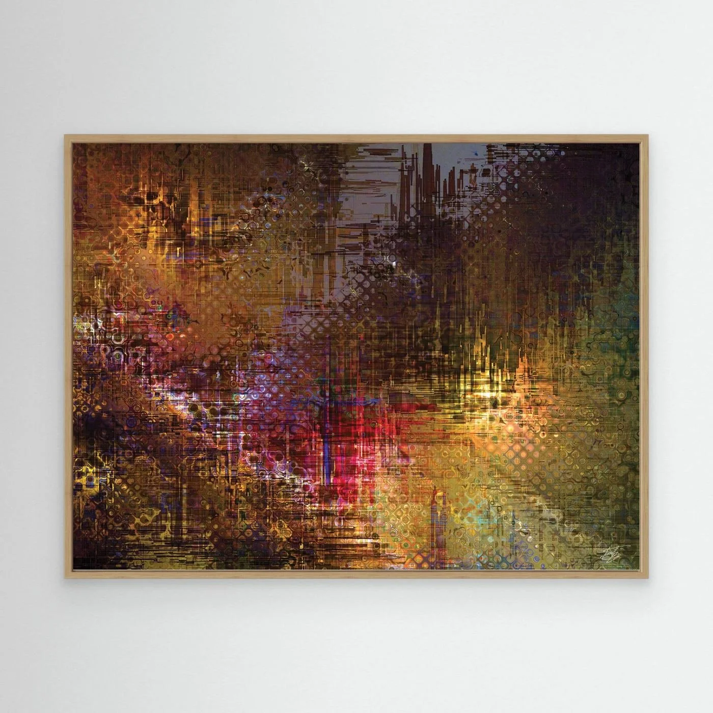 Abstract fine art print evoking a textured futuristic city skyline with complex digital glitch patterns and geometric grids in bronze, gold, and red tones, framed and ready to hang. With wooden frame