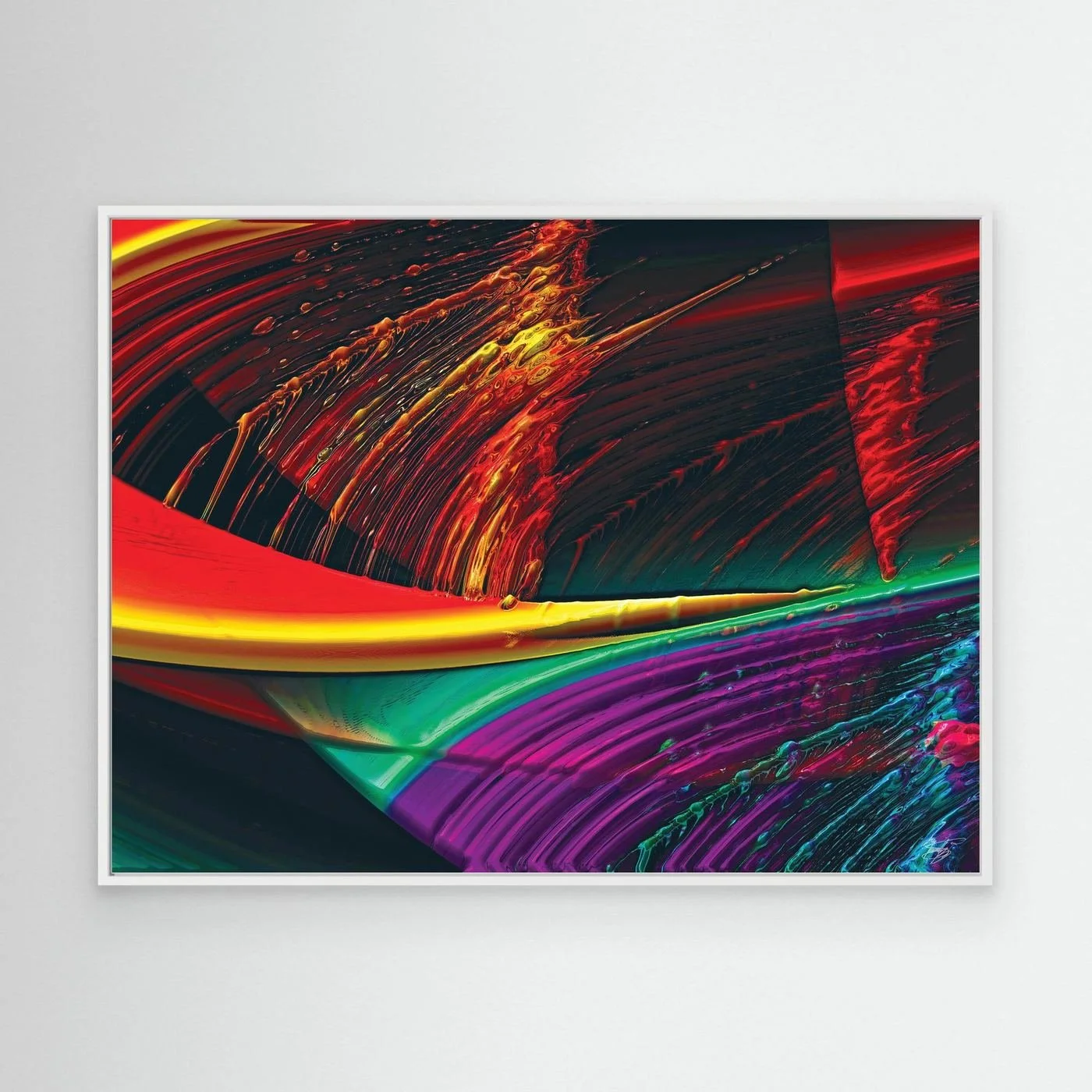 Abstract fine art print with high-gloss liquid textures, showcasing heavy 3D brushstrokes in fiery red, bright yellow, green, and deep purple tones, framed and ready to hang. With white frame